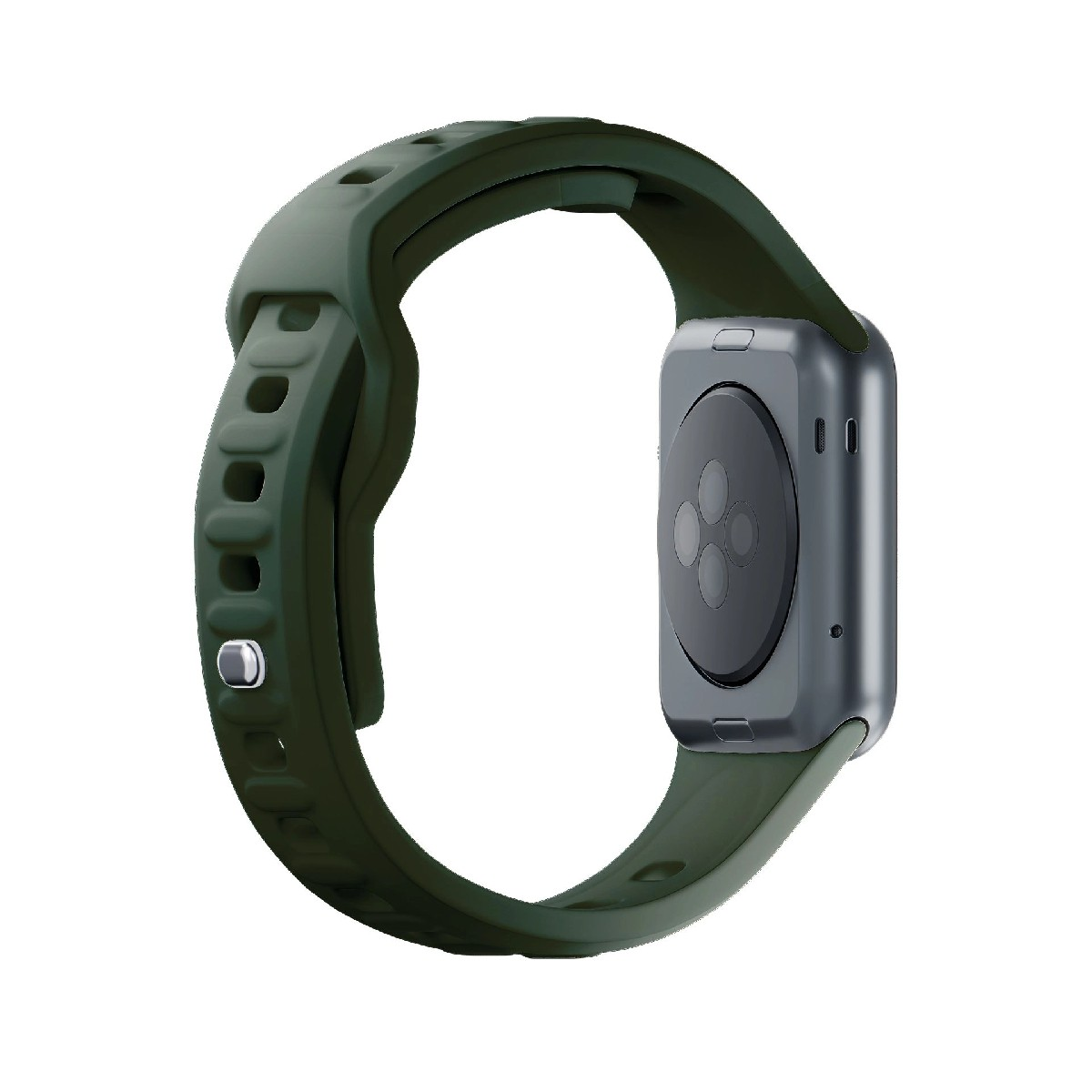 Ciemnozielona opaska zegarka z szarym tyłem smartwatcha, widoczne czujniki.