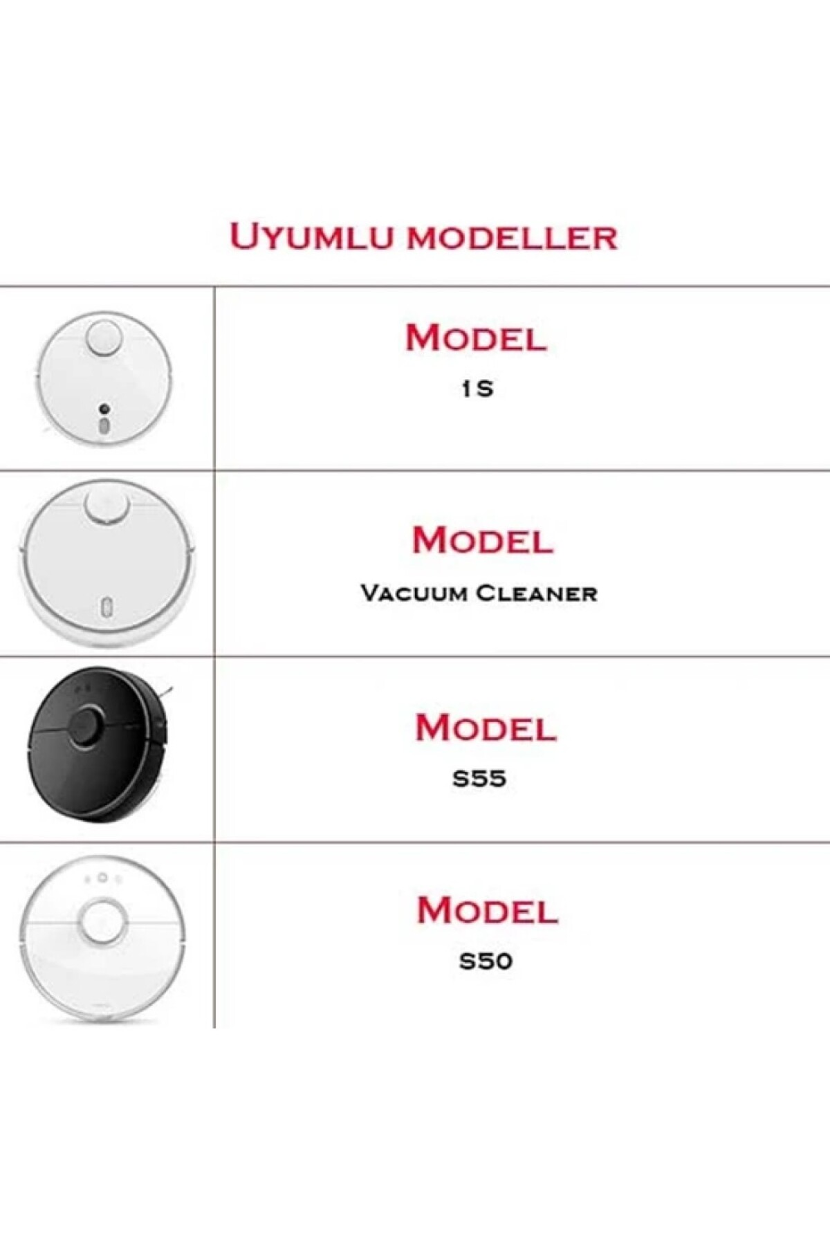 Robot süpürge modelleri: 1S, Süpürge, S55, S50.