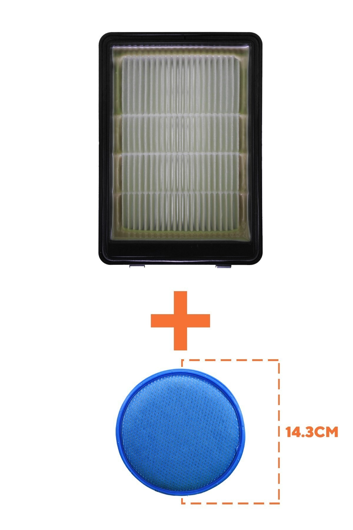 Dikdörtgen bir filtre ve 14,3 cm ölçüsünde mavi yuvarlak filtre.