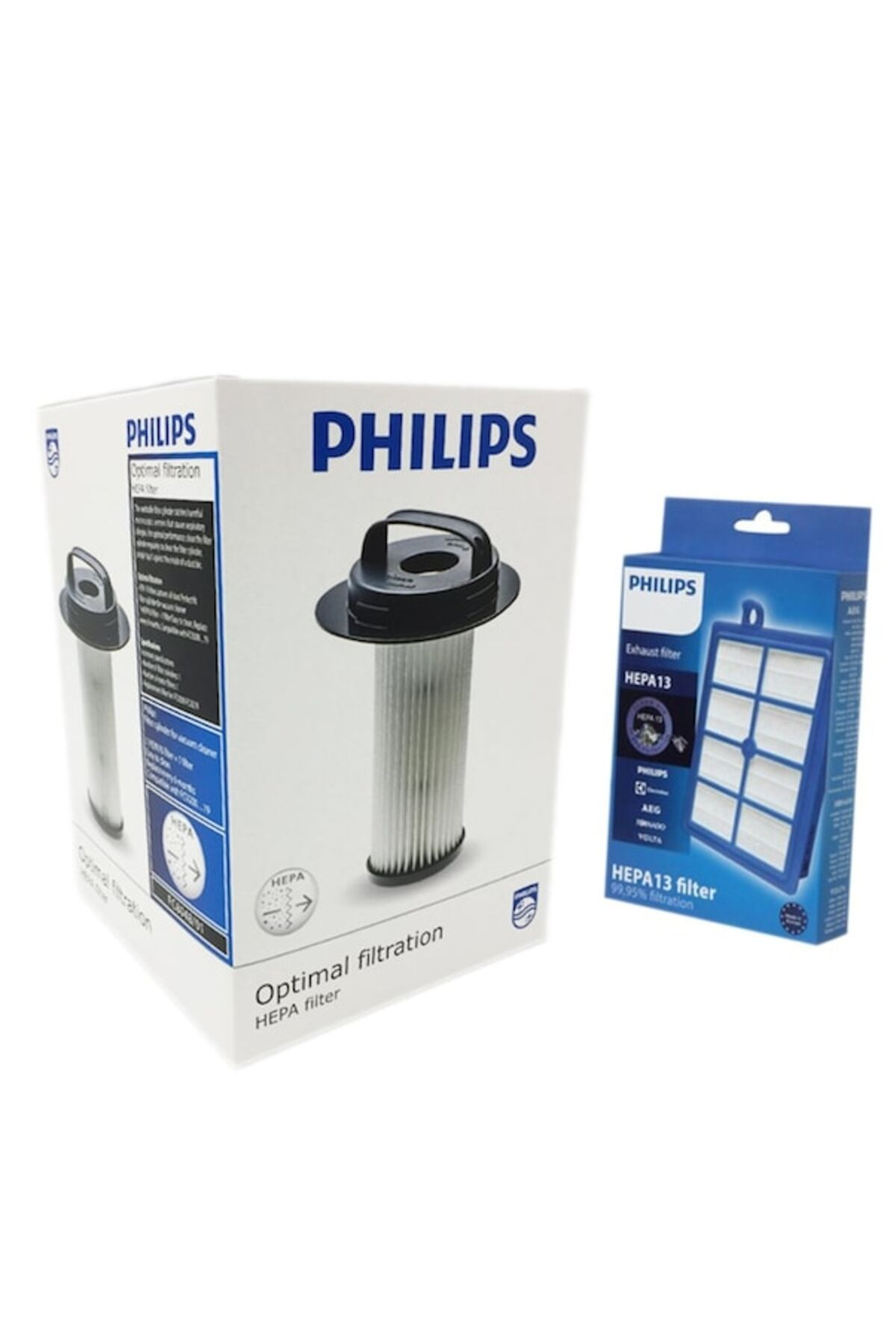 İki Philips HEPA filtre paketi, biri solda, biri sağda.