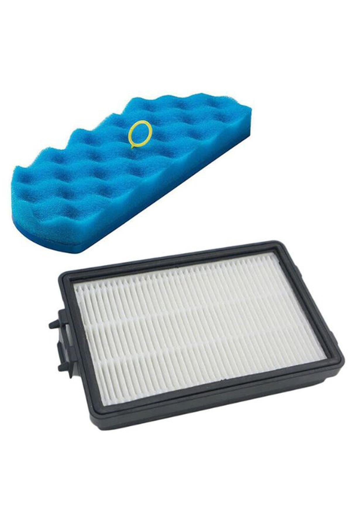 Sarı halkalı mavi sünger filtre ve dikdörtgen HEPA filtre.