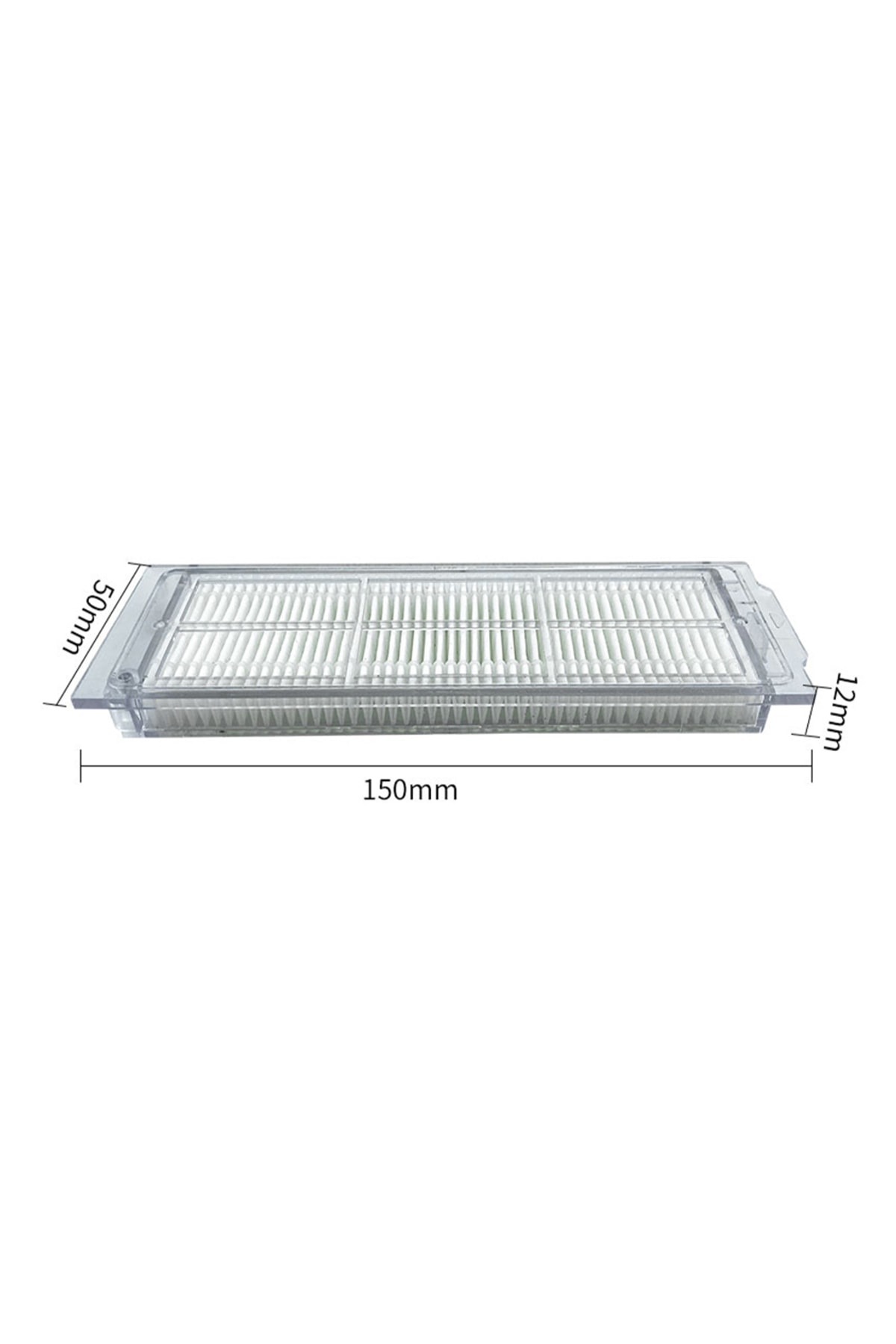 150 mm x 50 mm x 12 mm boyutlarında beyaz filtre.