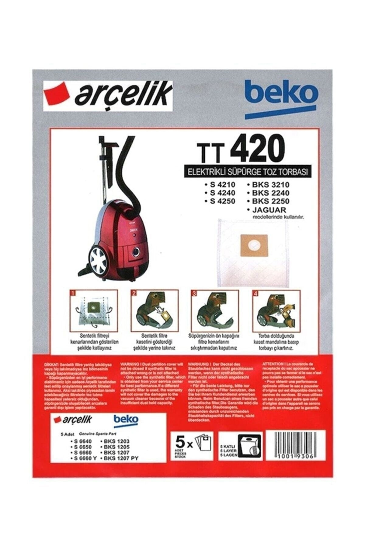 Arçelik ve Beko TT 420 elektrikli süpürge torbaları talimatlı.