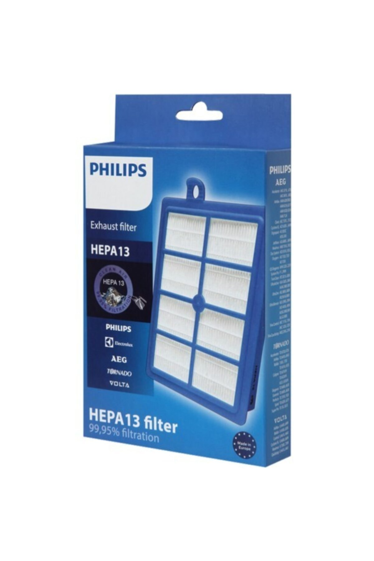 Mavi kutuda %99,95 filtrelemeli Philips HEPA13 egzoz filtresi gösteriliyor.