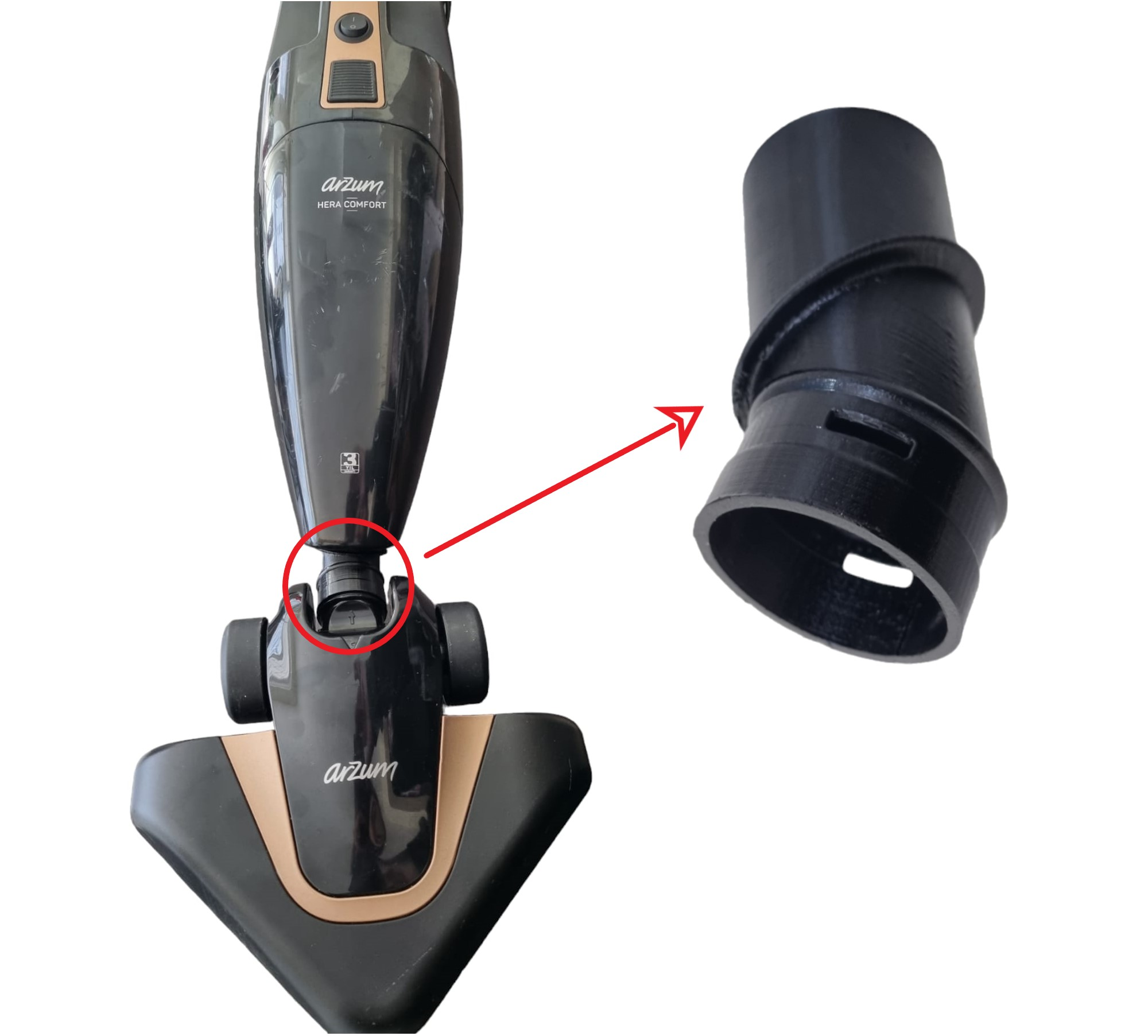 Bağlantıyı gösteren kırmızı okla siyah elektrikli süpürge parçası.