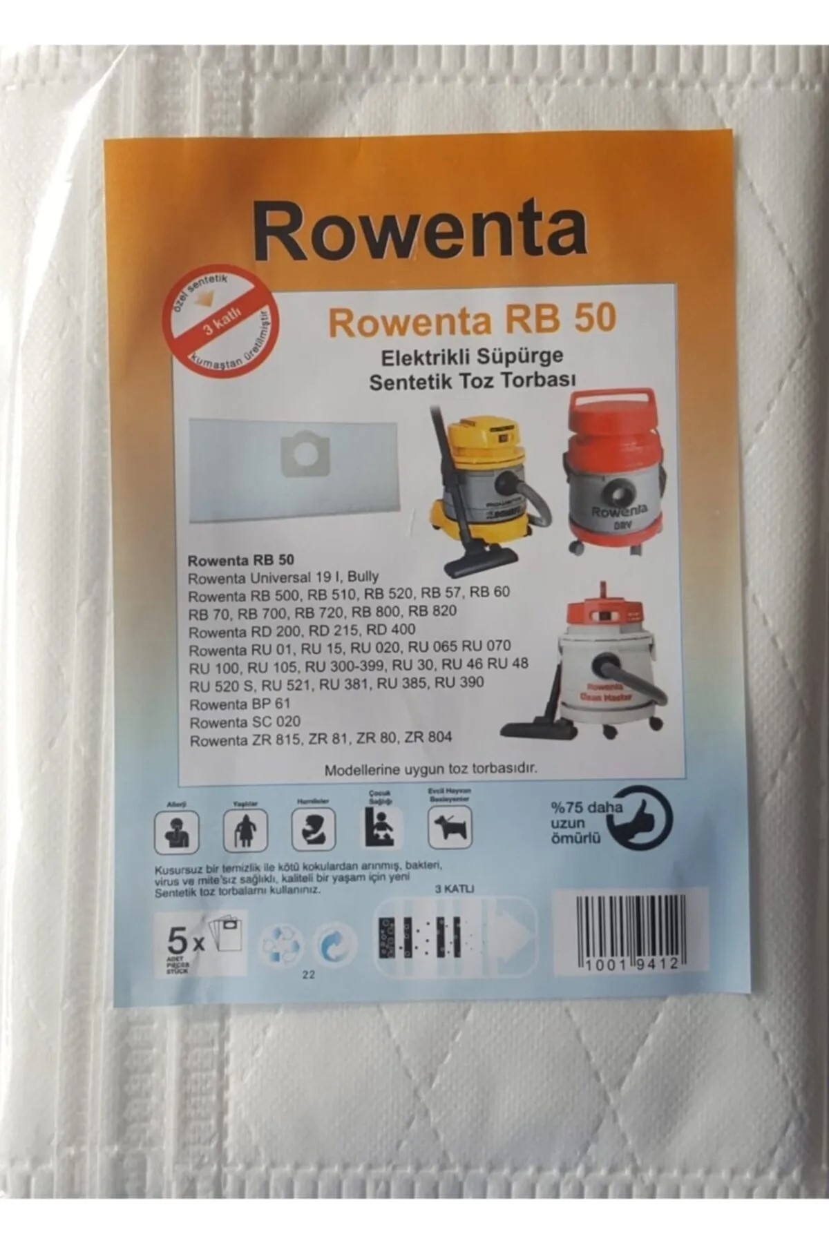 Rowenta RB 50 elektrikli süpürge torbası: 3 adet, sentetik, 3 katlı, çeşitli modeller.