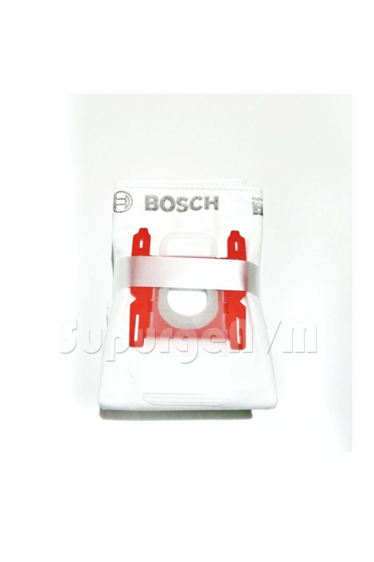 Kırmızı kapaklı ve gümüş halkalı beyaz Bosch elektrikli süpürge torbası.