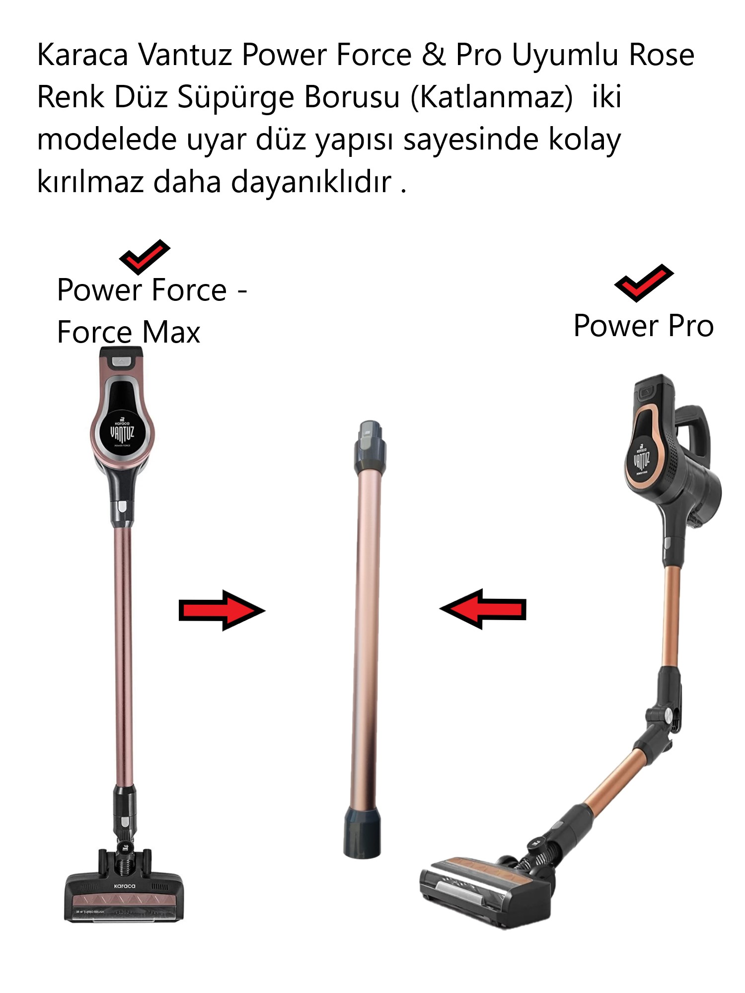 Power Force ve Pro modelleri için aksesuarlı, rose rengi elektrikli süpürge.