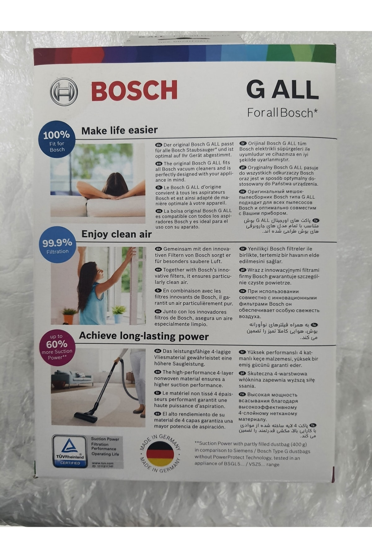 Bosch G ALL elektrikli süpürge torbası, %100 Bosch'a Uyumlu ve %99.9 Filtrasyonlu.