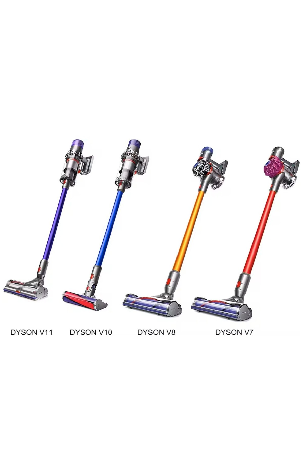 Mor, mavi, turuncu ve kırmızı renklerde dört Dyson elektrikli süpürge.