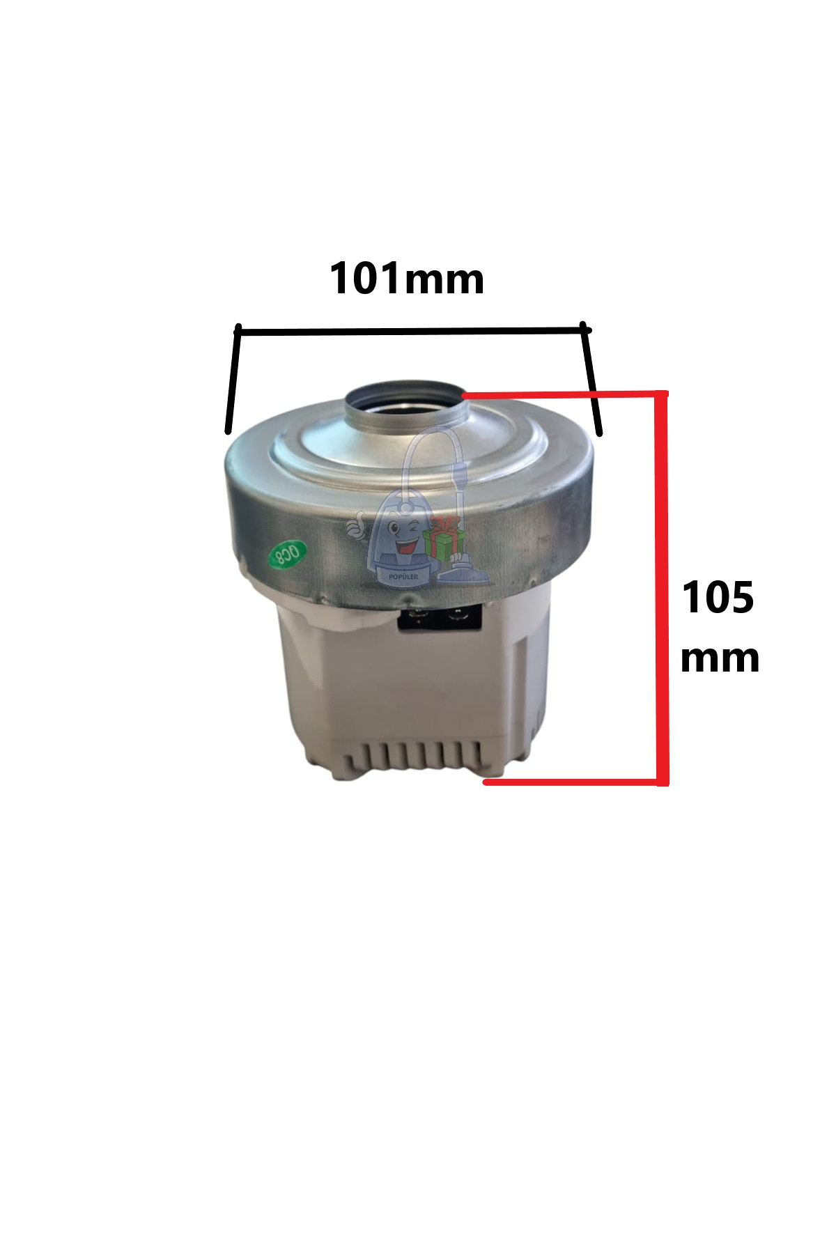 Vakum motoru, 101mm genişlik, 105mm yükseklik. Gri metal kasaya sahip.