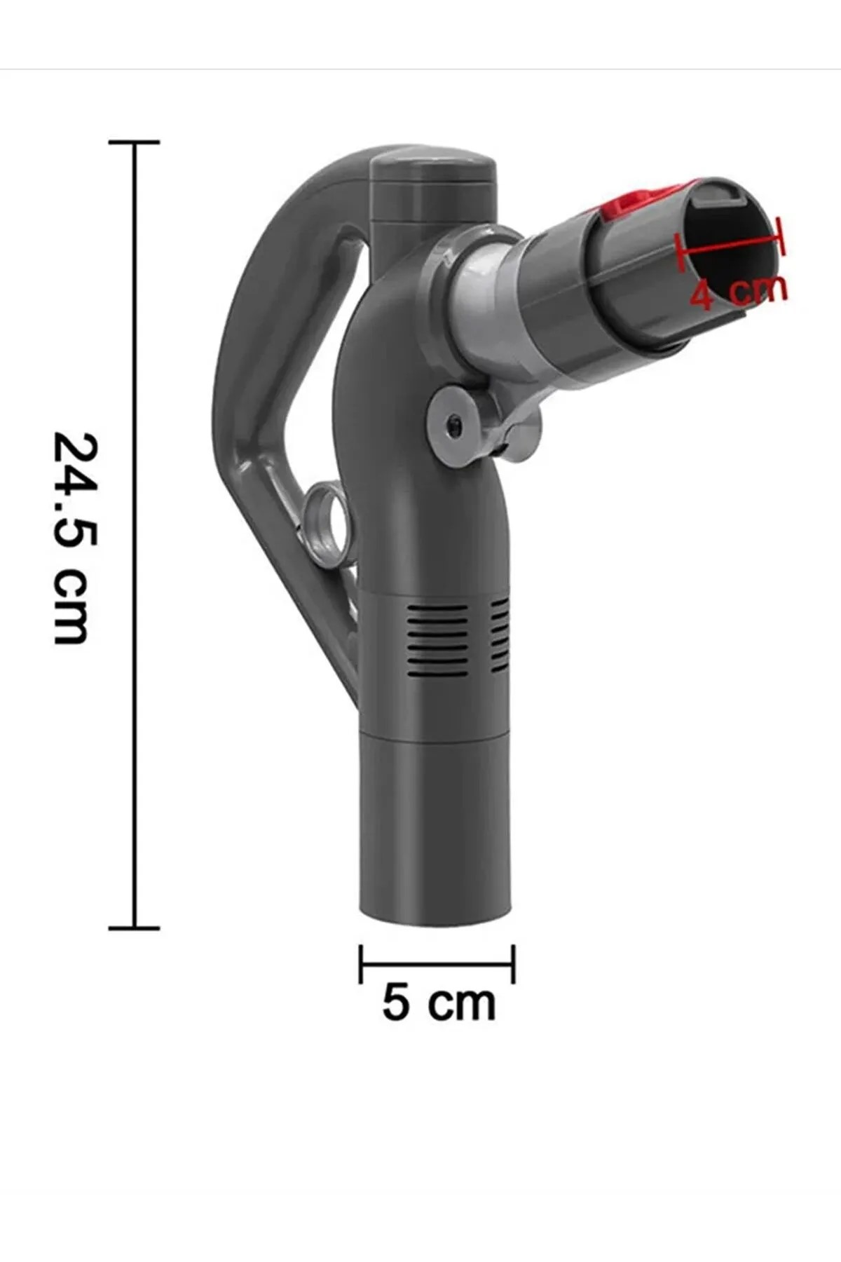 Gri elektrikli süpürge aparatı, 24,5 cm uzunluk, 5 cm genişlik.