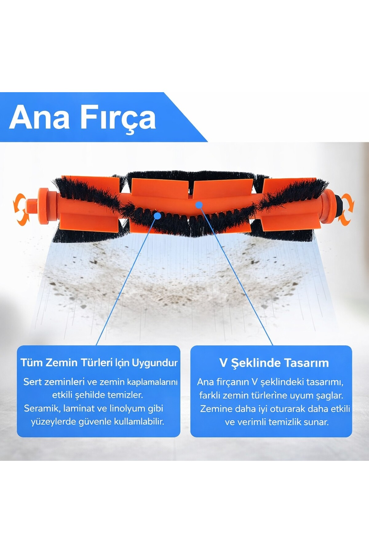 Siyah kıllı turuncu ana fırça zemini temizliyor.
