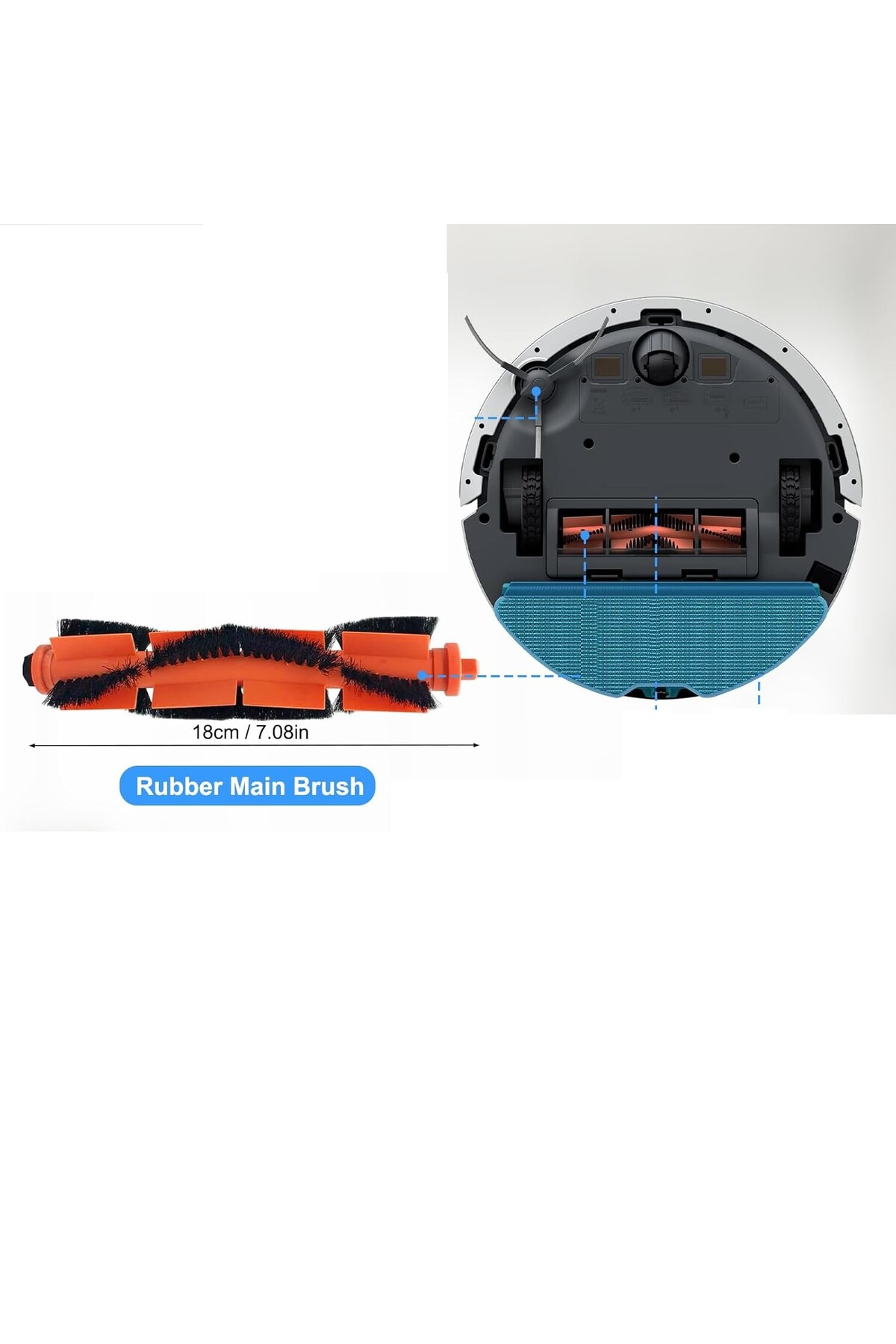 Kauçuk ana fırça modülü ve robot süpürgenin alt kısmı.