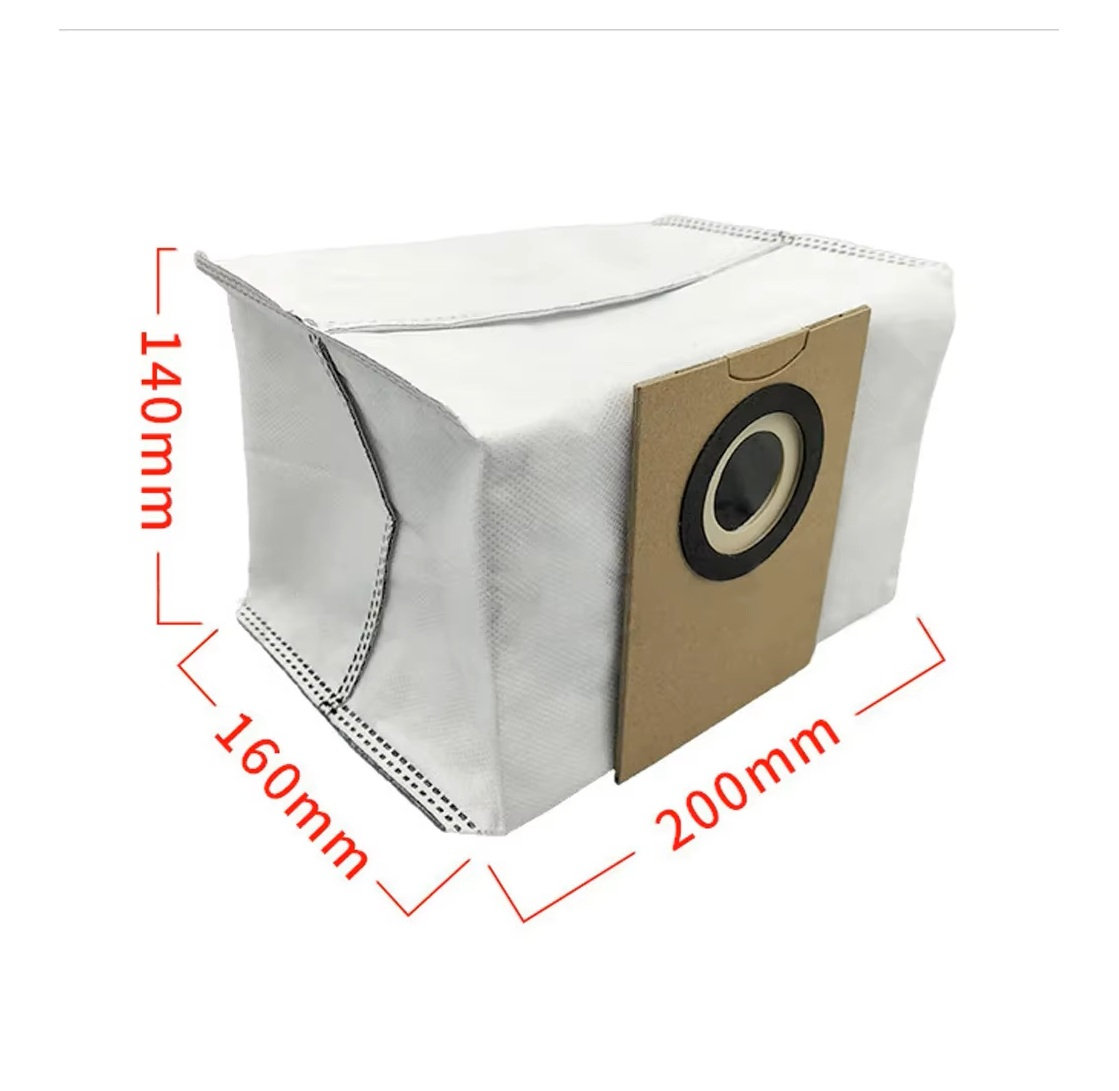 Karton bağlantılı beyaz elektrikli süpürge torbası, 140x160x200mm ölçüler.