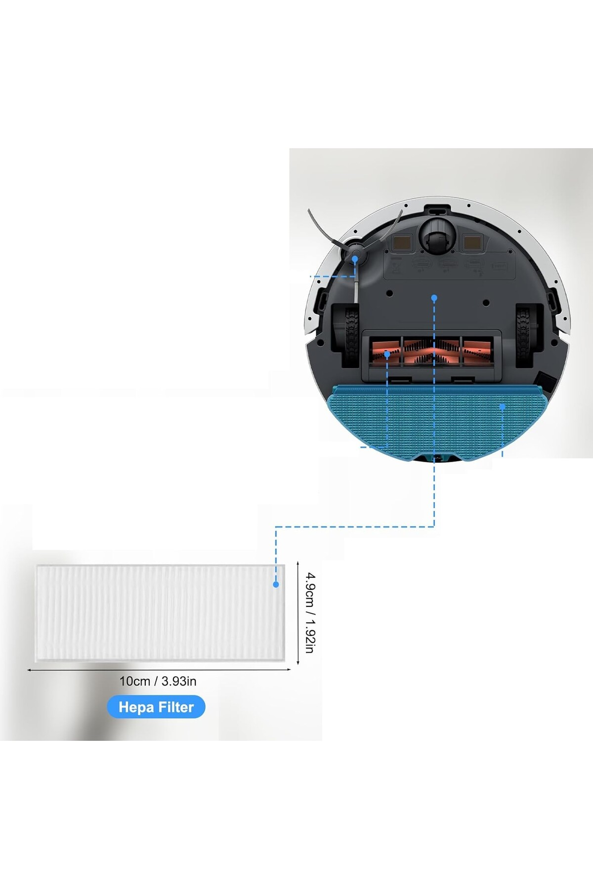 Fırçalı ve hepa filtre detaylı robot süpürgenin alt tarafı.