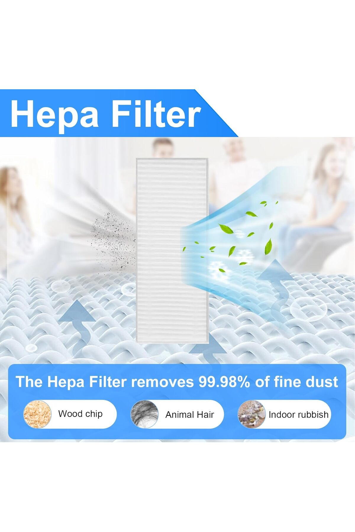 HEPA filtre, odun yongası, hayvan tüyü ve ev çöpünü temizler.