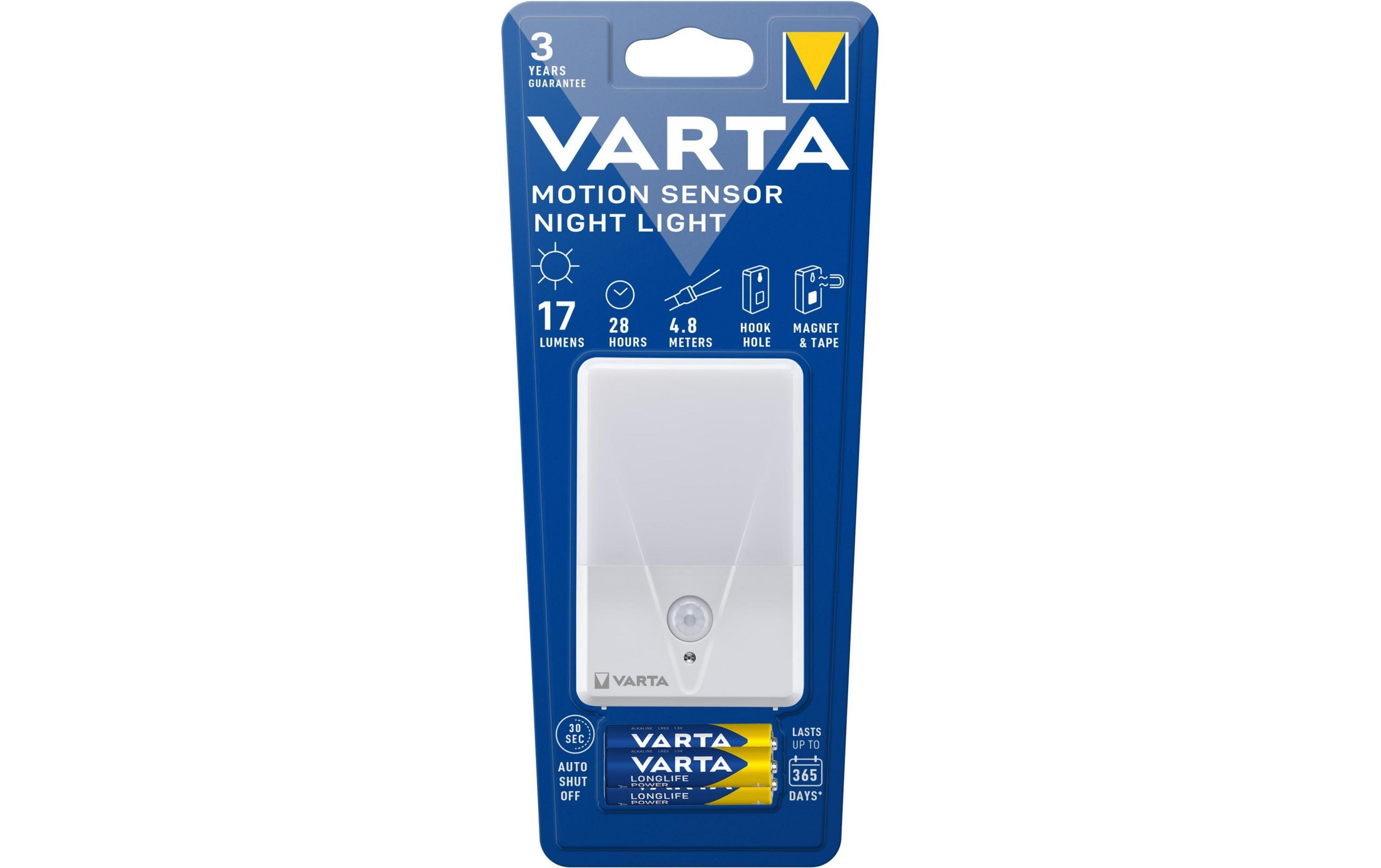 Veilleuse VARTA à détecteur de mouvement, 17 lumens, 28h, portée 4.8m, crochet, aimant/ruban.