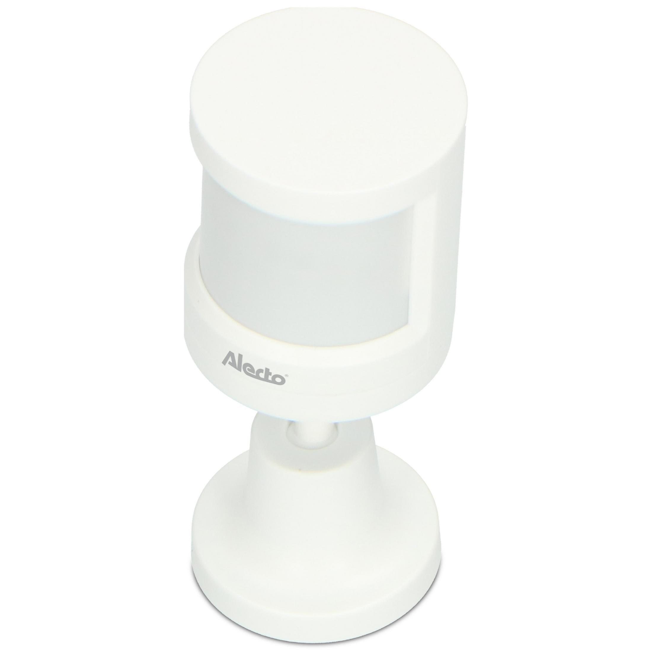 A white motion sensor with Alecto logo on a round base.
