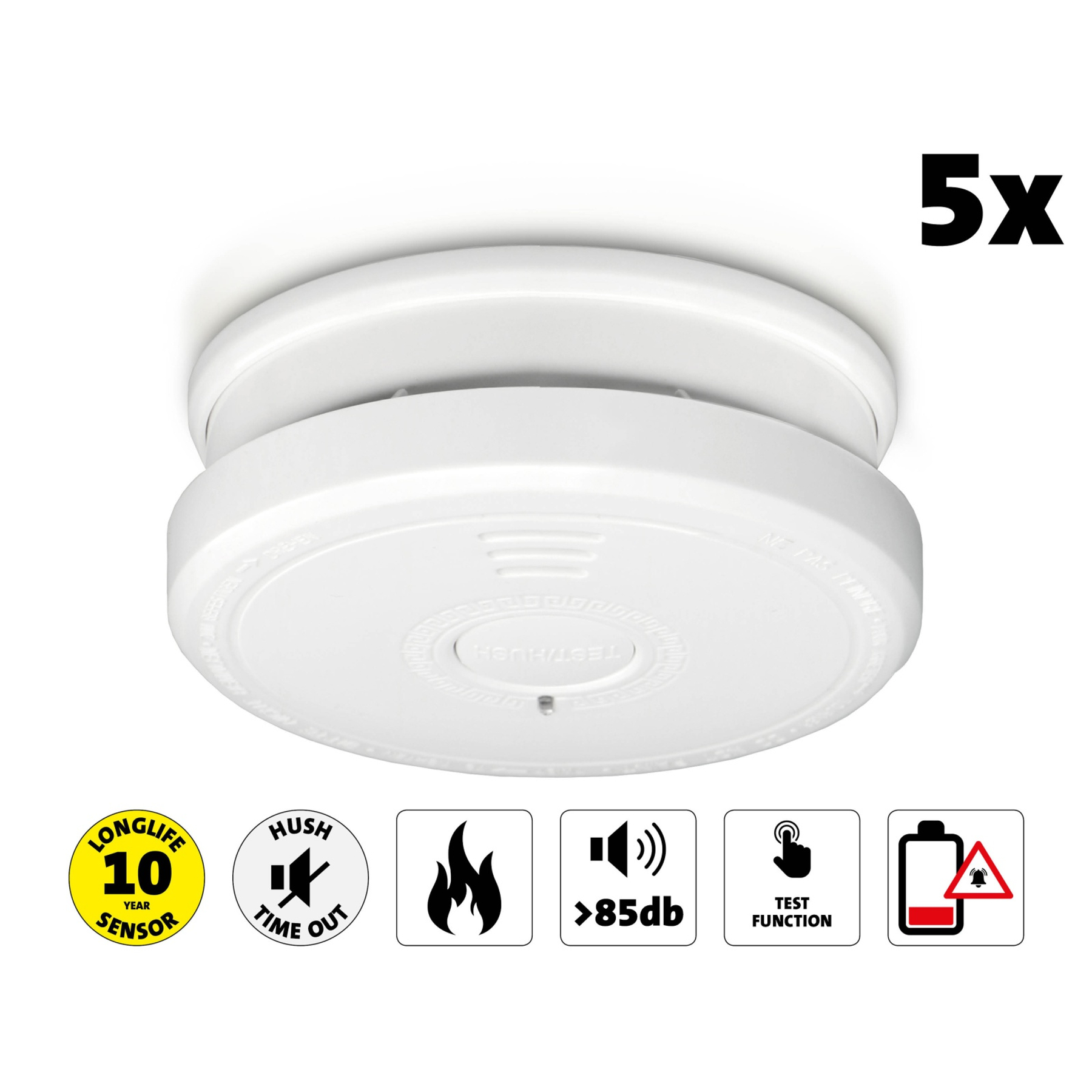Ein weißer Rauchmelder mit 5x und Symbolen für 10 Jahre, Stummschaltung, Feuer, 85dB und Test.