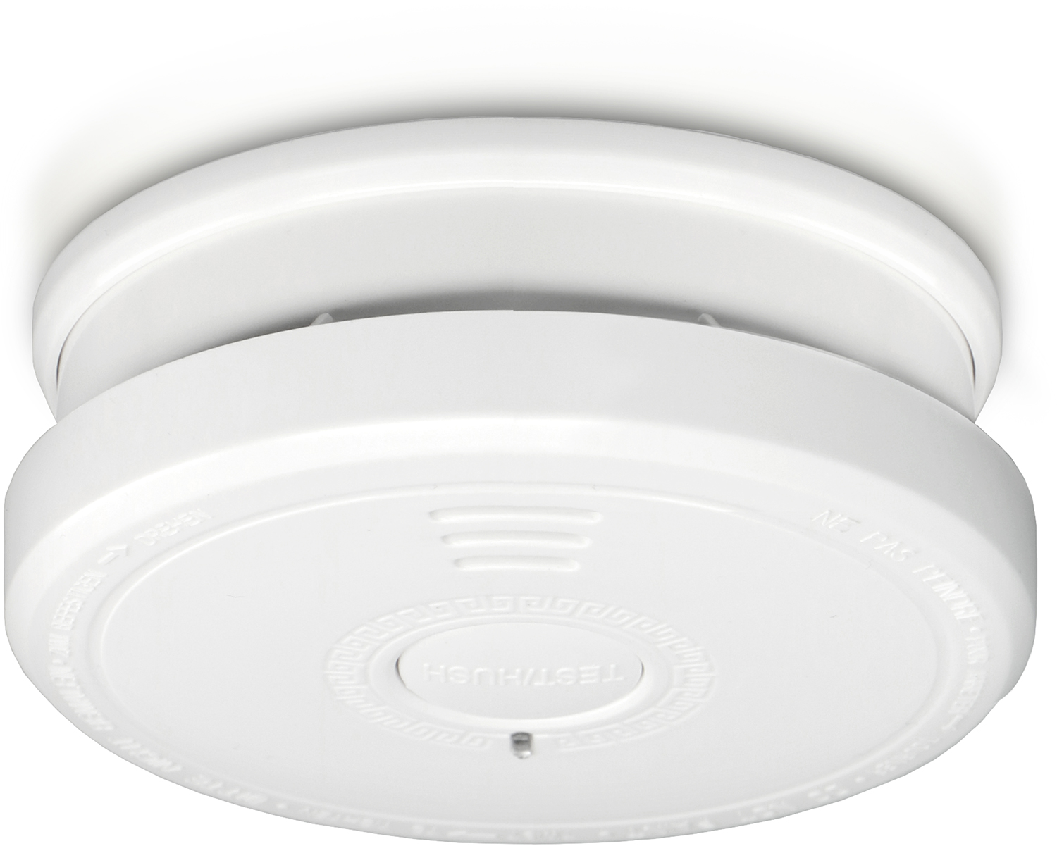 Biały czujnik dymu z przyciskiem test/wyciszenie, zamontowany na suficie.