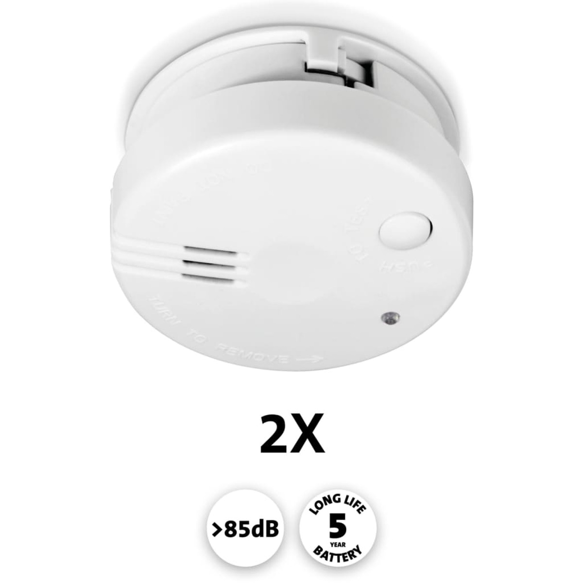 Dwa białe czujniki dymu z etykietami "bateria 5 lat" i "<gt/>85dB".