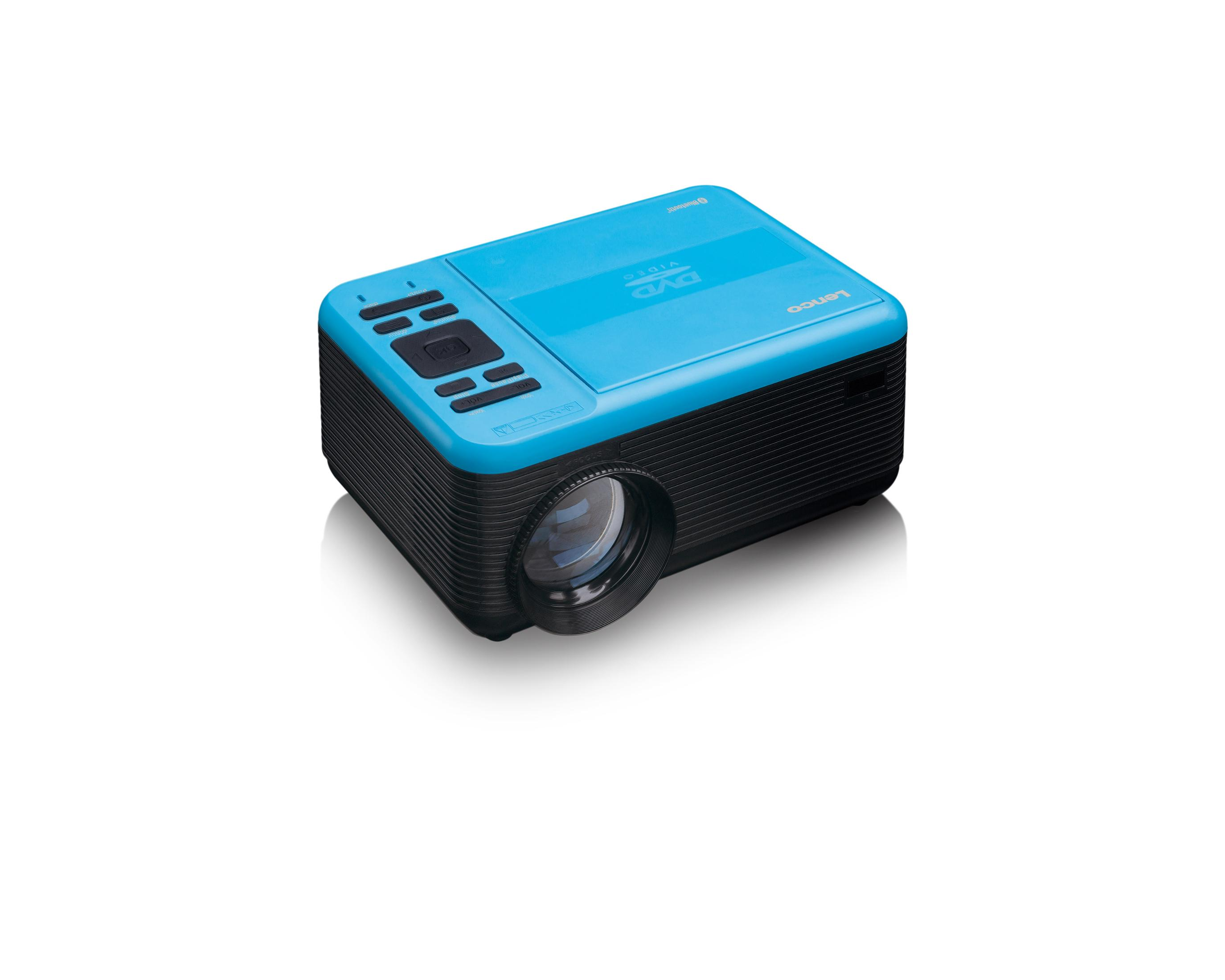 Niebieski projektor DVD z przyciskami sterującymi i obiektywem.