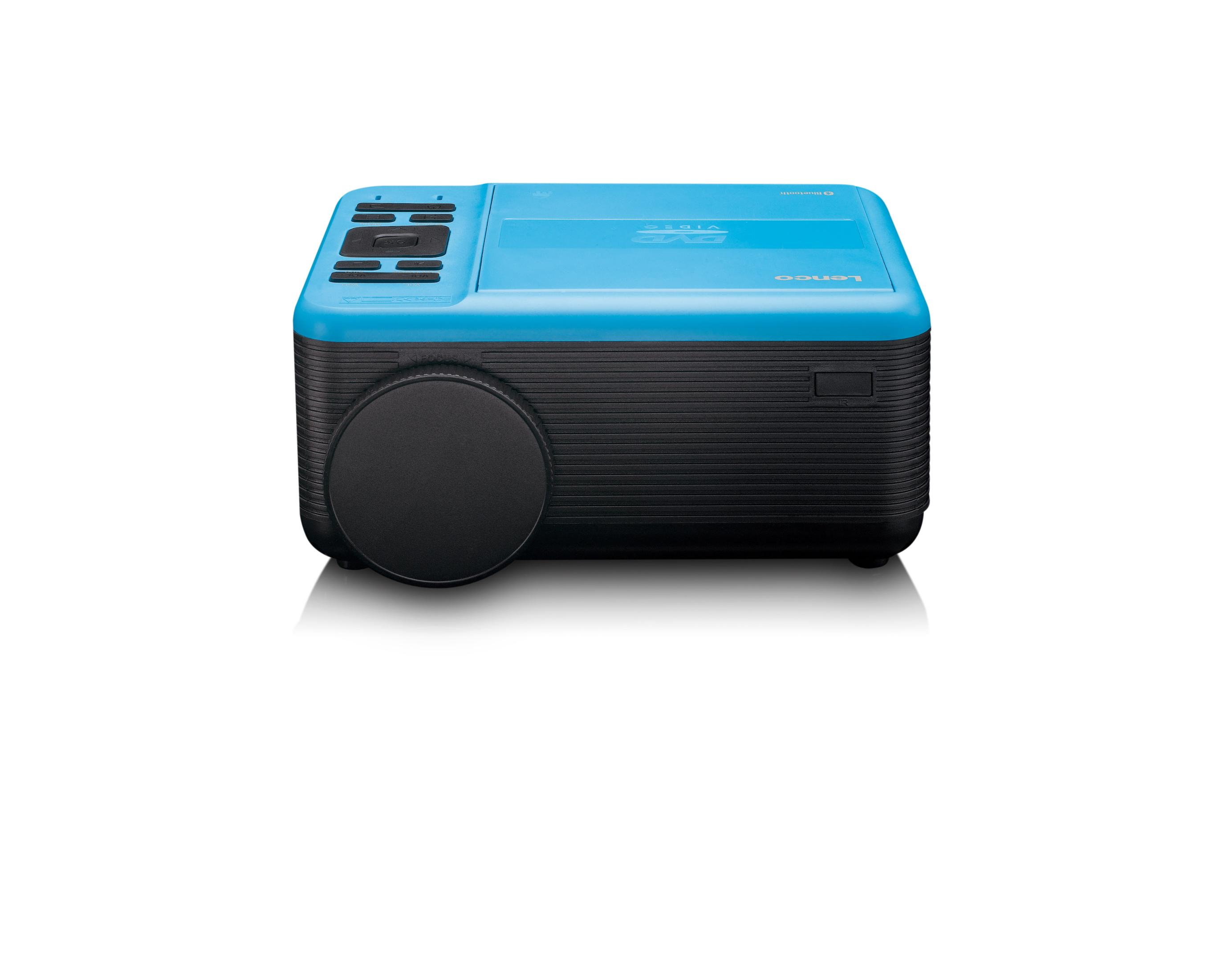 Niebieski i czarny odtwarzacz DVD z przyciskami sterującymi i dużą gałką.