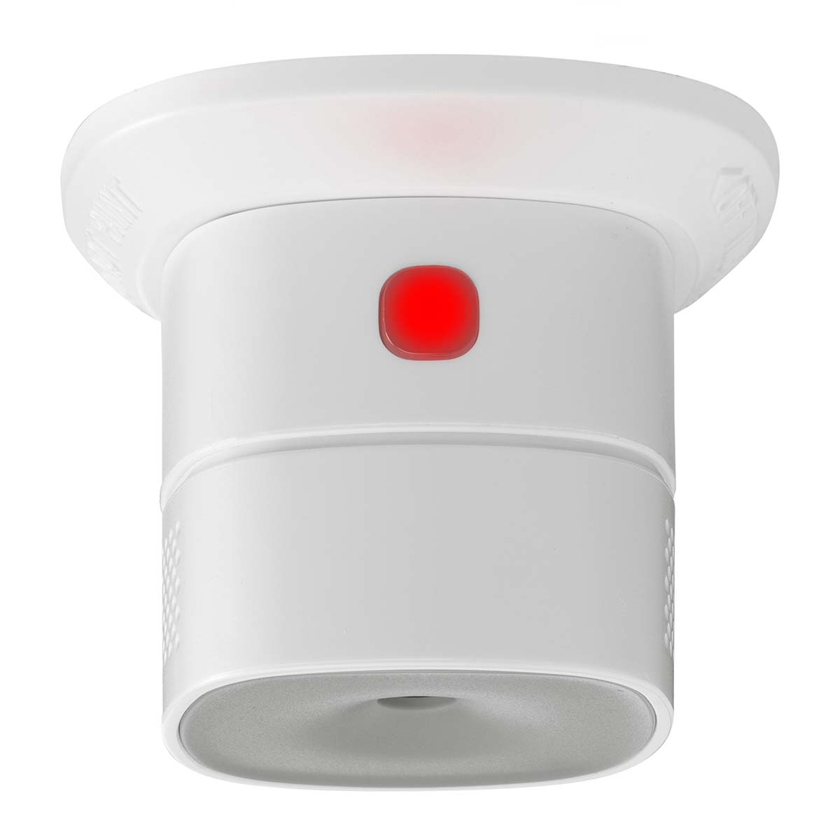 Ein weißer Rauchmelder mit rotem Licht leuchtet.