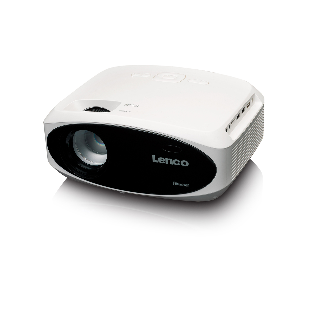 Un projecteur Lenco blanc avec façade noire et symbole Bluetooth.