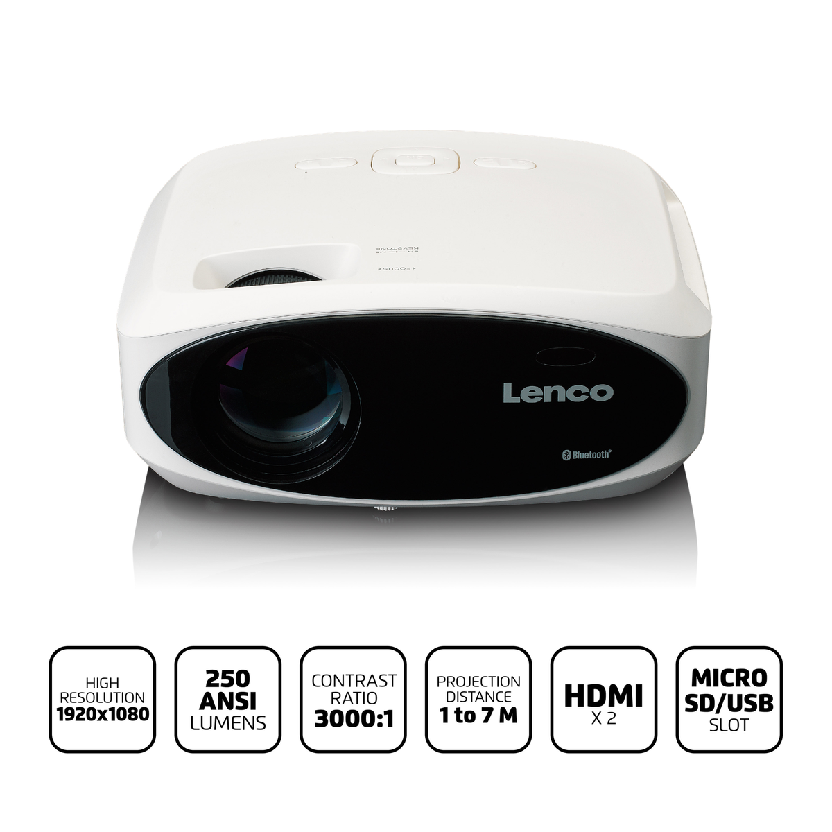 Un projecteur Lenco blanc avec des accents noirs et des spécifications.