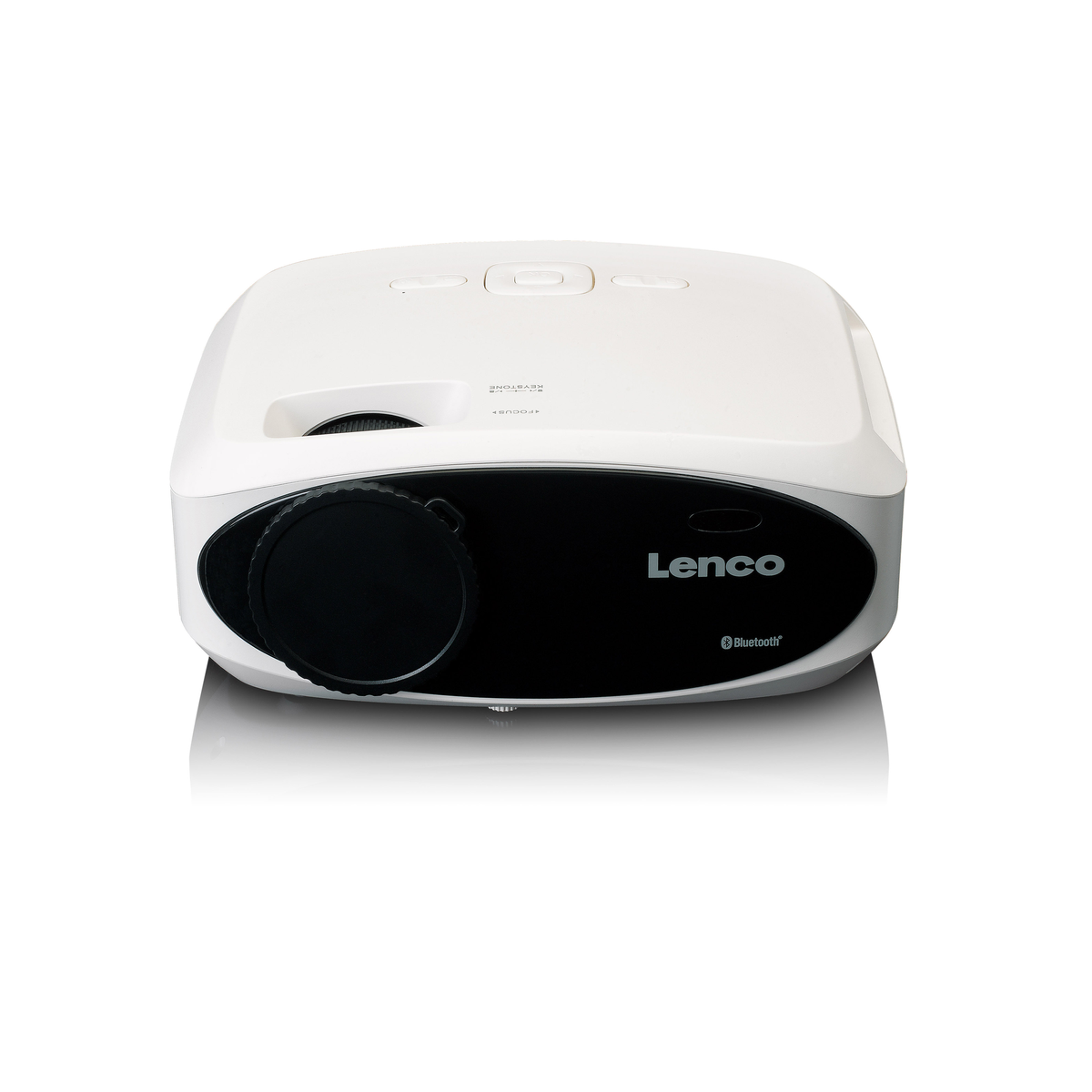 Un projecteur Lenco blanc avec façade noire et molette de mise au point.