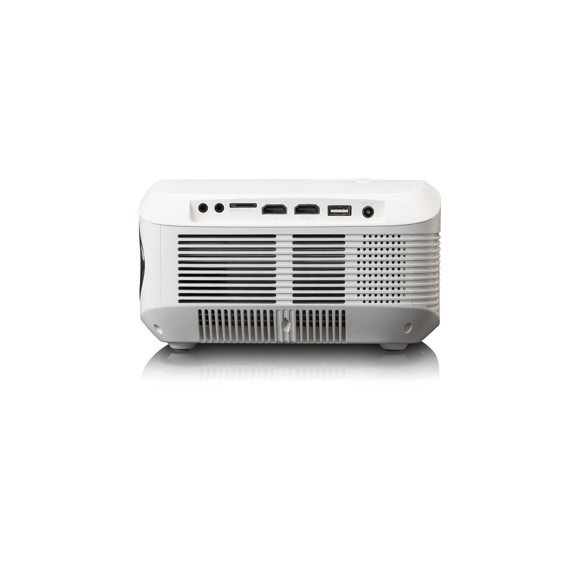 Vue arrière du projecteur blanc avec ports : Micro-SD, 2x HDMI, USB, DC-In.