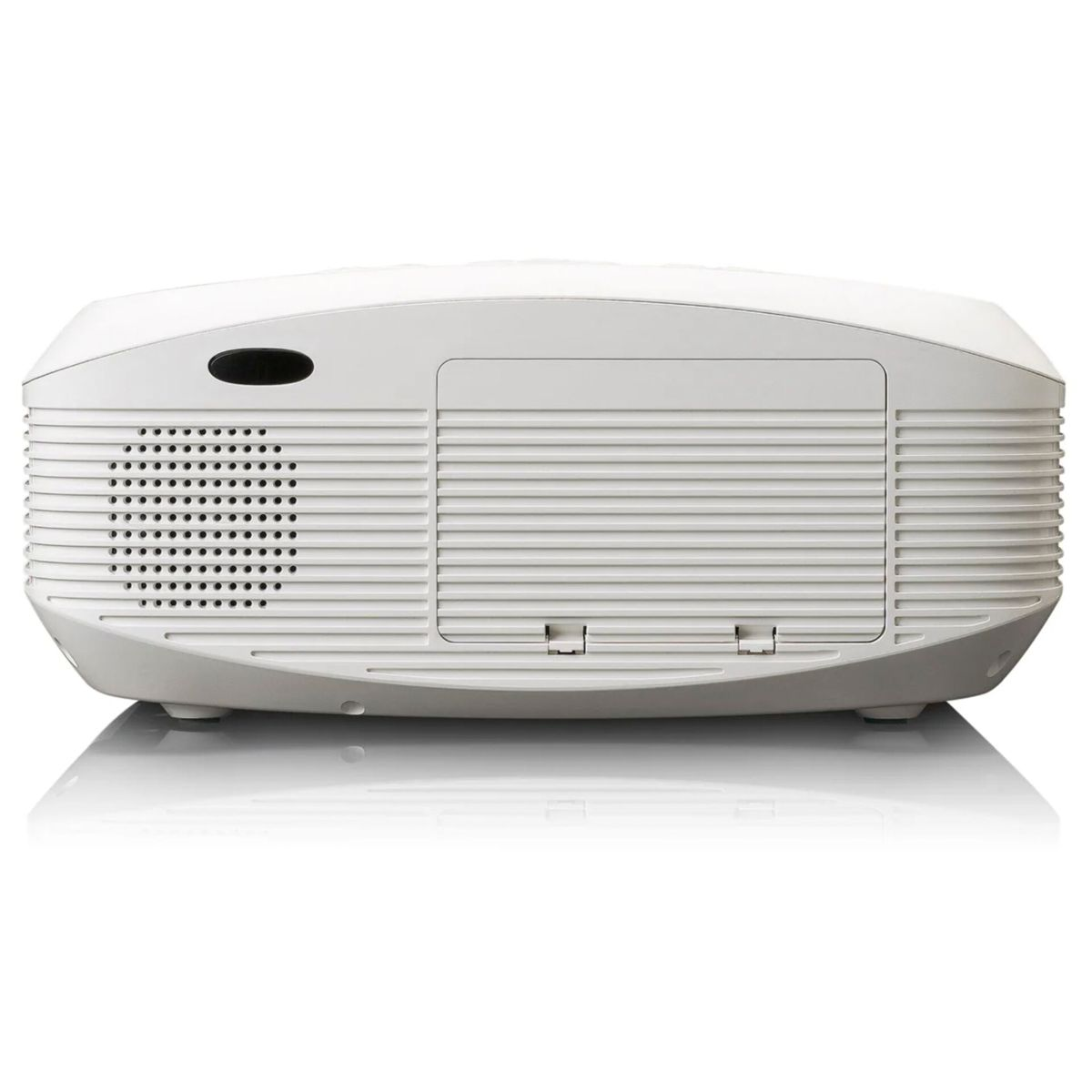 Façade blanche de projecteur avec évents et une entrée d'air ovale noire.
