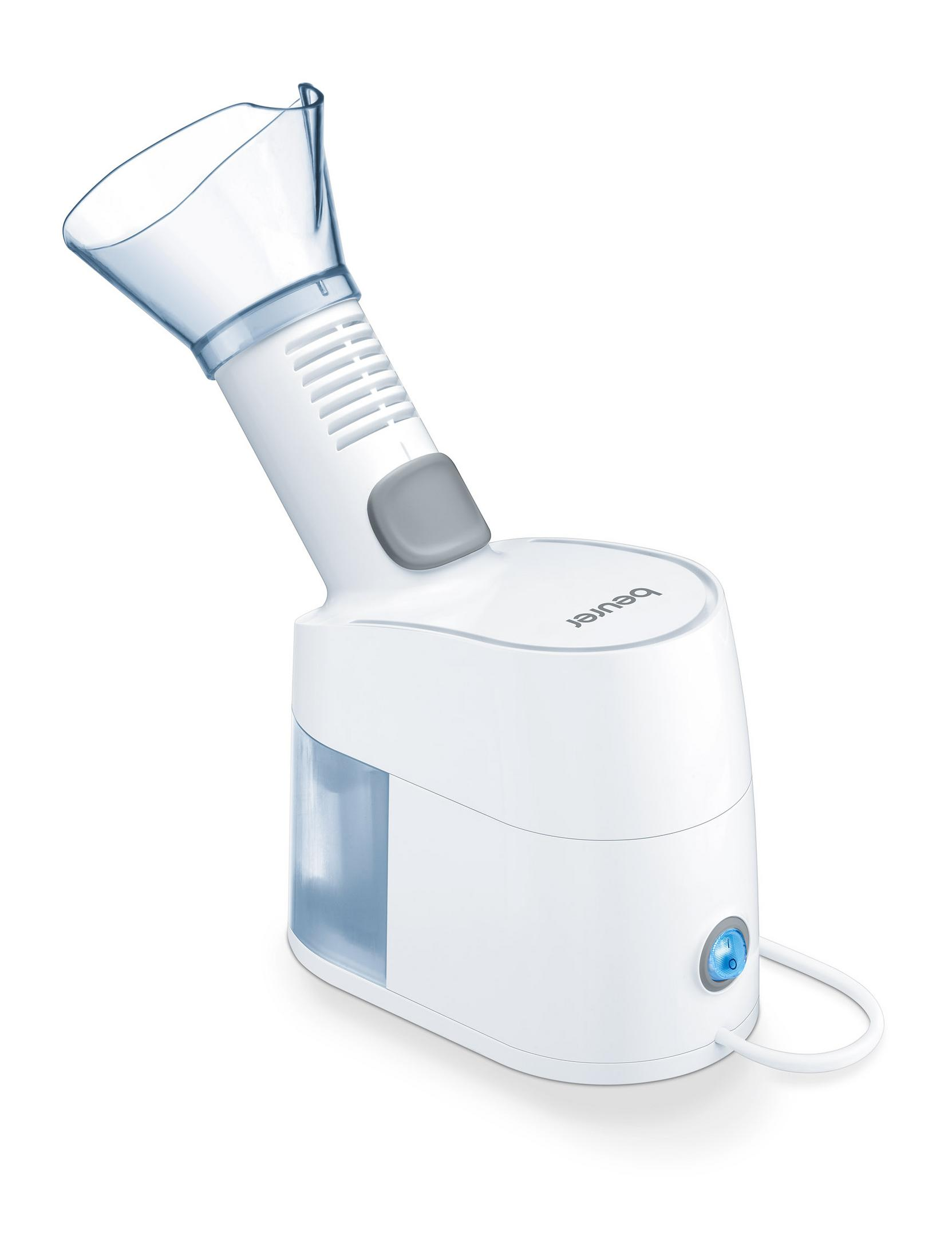 Ein weißer Inhalator mit blauem Wasserbehälter und transparentem Mundstück.