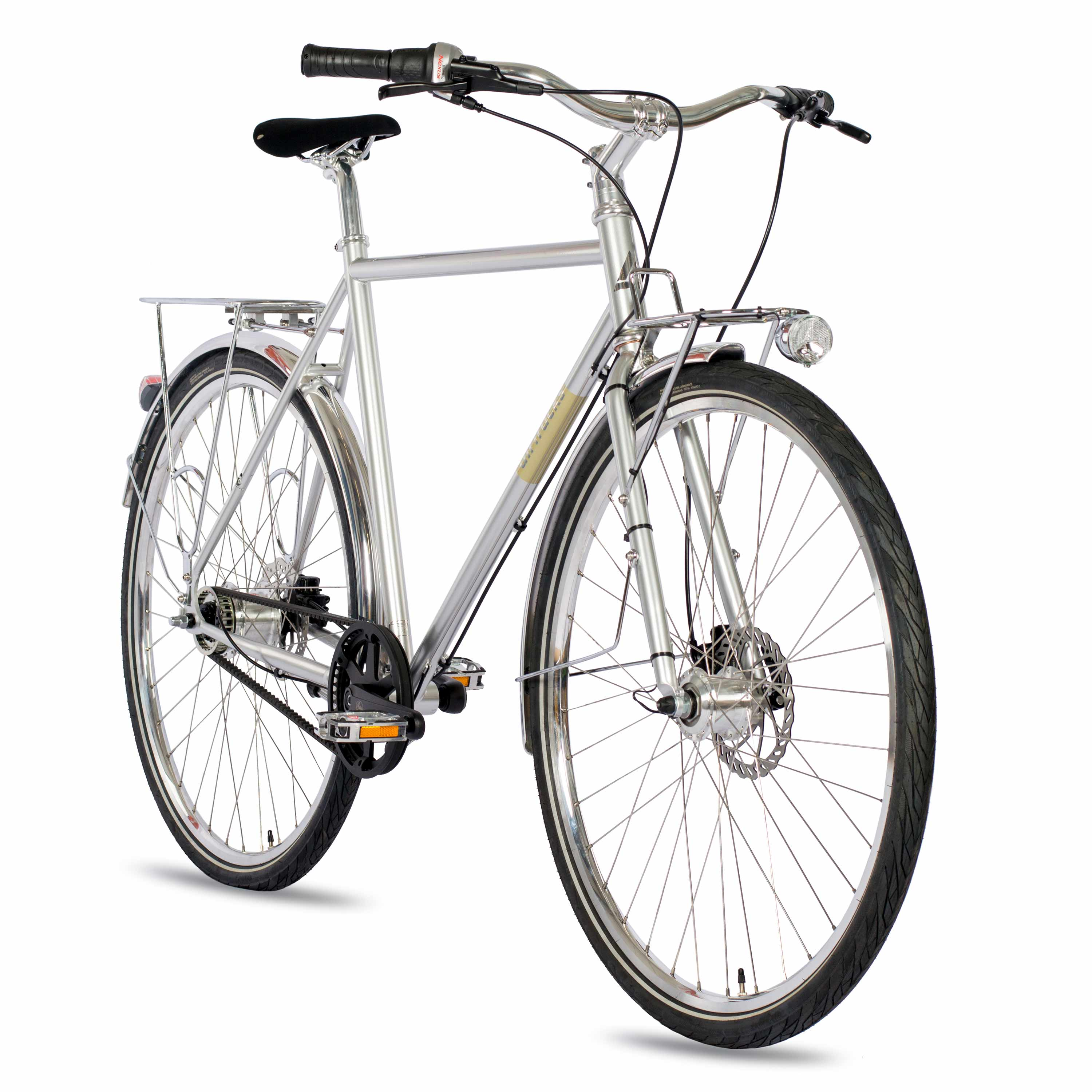Silbernes Fahrrad mit Gepäckträger, Schutzblechen und Nabenschaltung.
