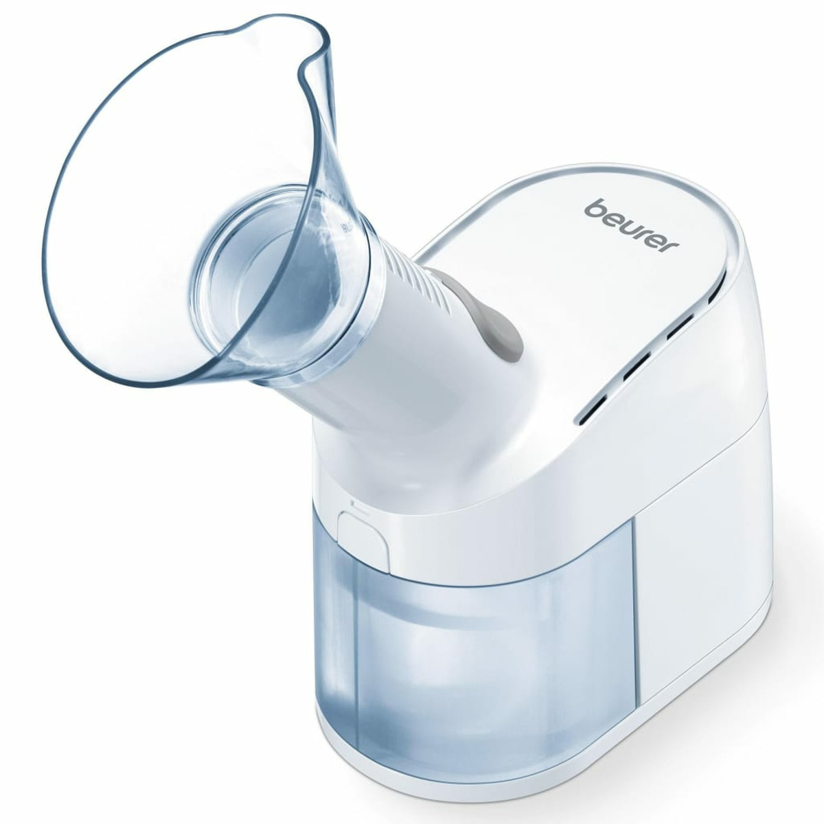 Ein weißer Inhalator mit blauem Behälter und durchsichtigem Mundstück.