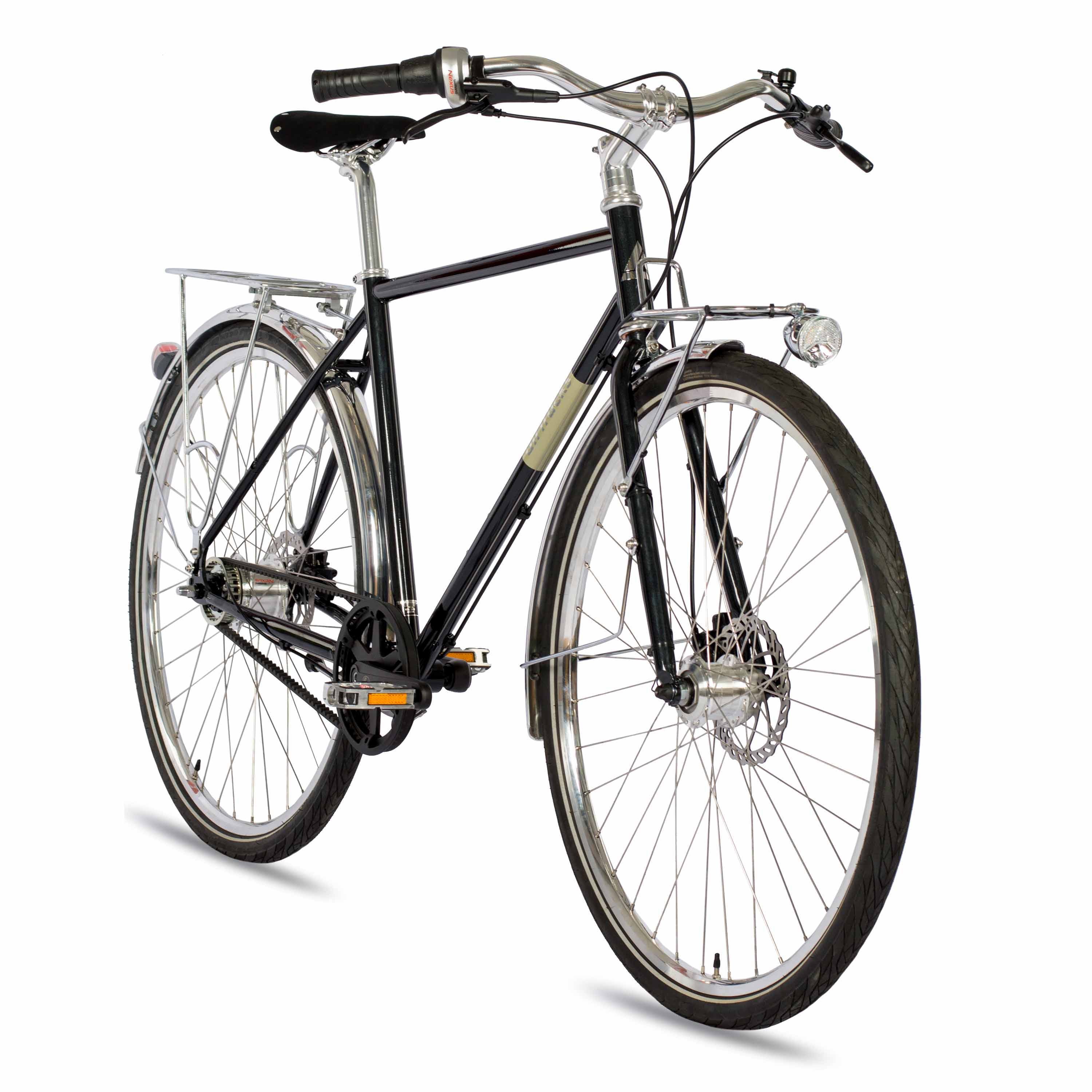 Ein schwarzes Fahrrad mit silbernen Akzenten steht auf einem weißen Hintergrund.