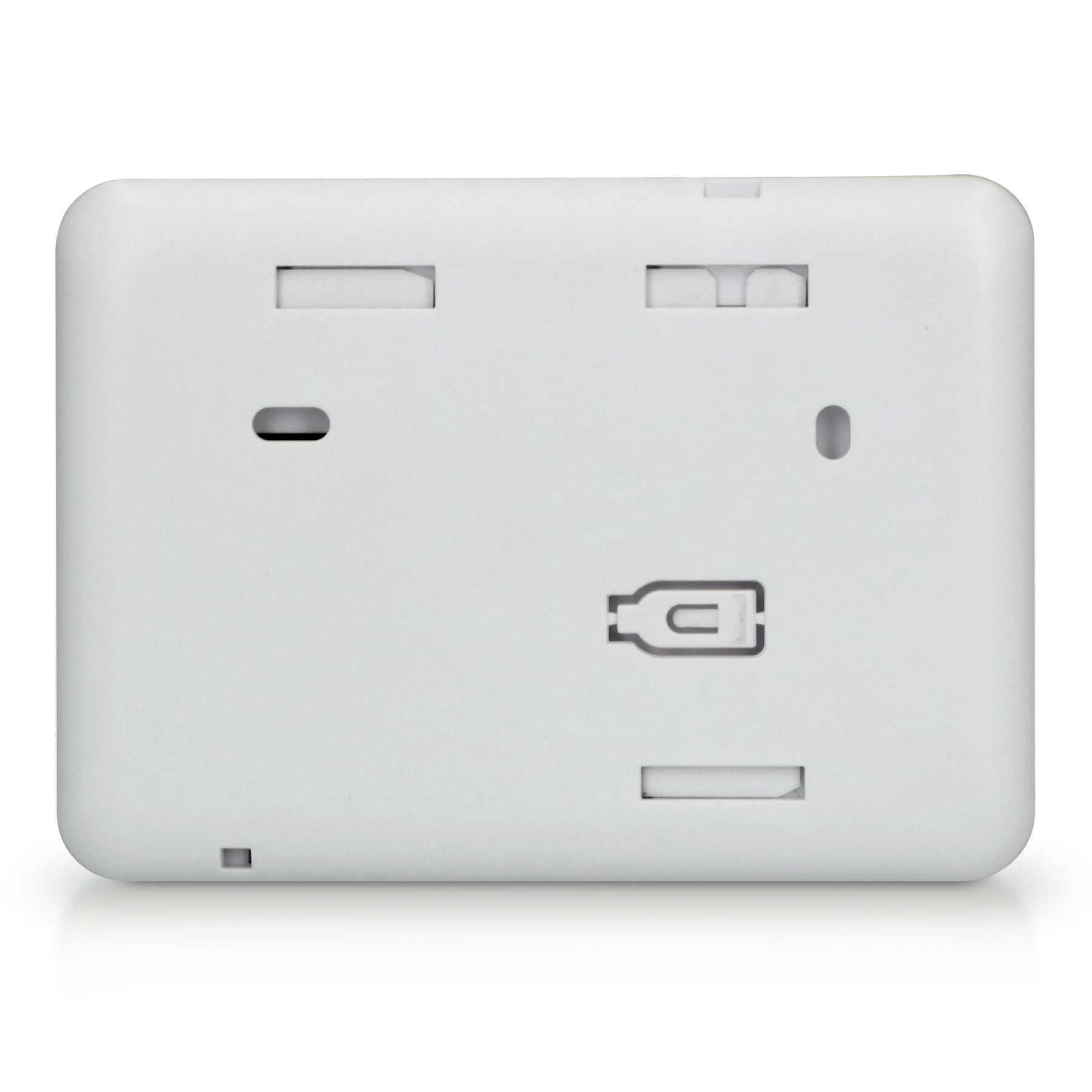 Rückseite eines weißen Geräts mit Schlitzen und einem USB-Symbol.
