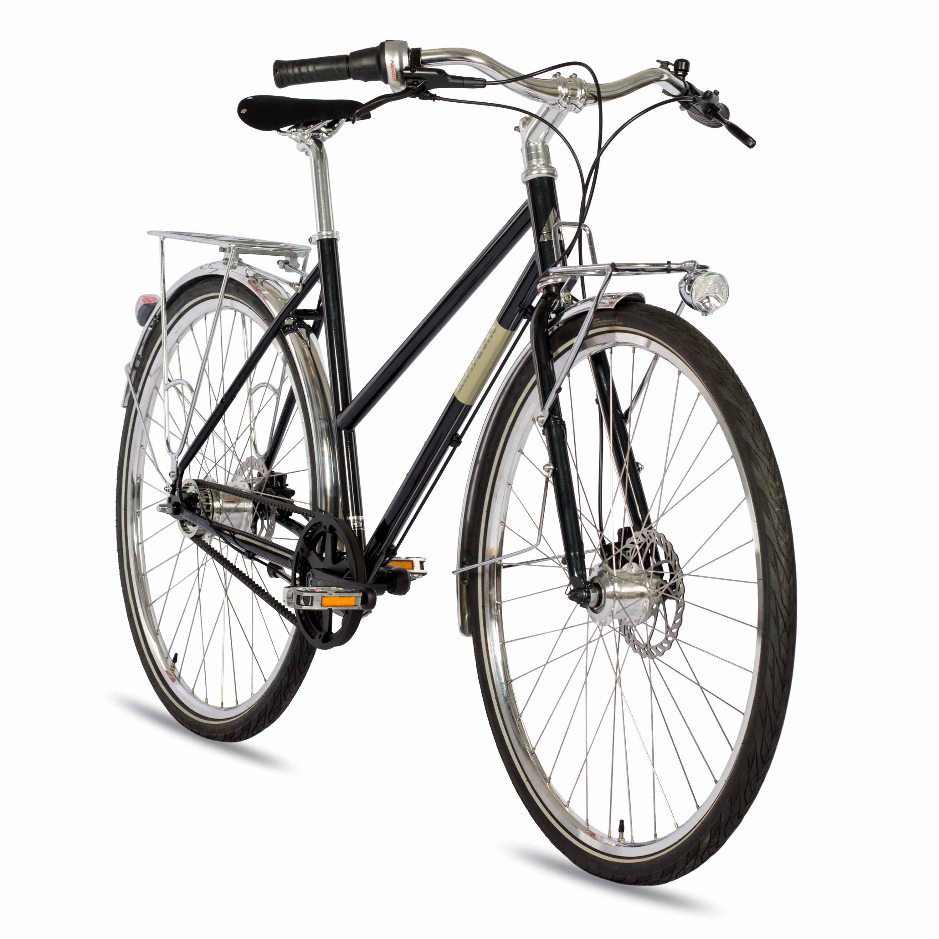 Schwarzes Fahrrad mit silbernen Schutzblechen, Gepäckträger und Licht.