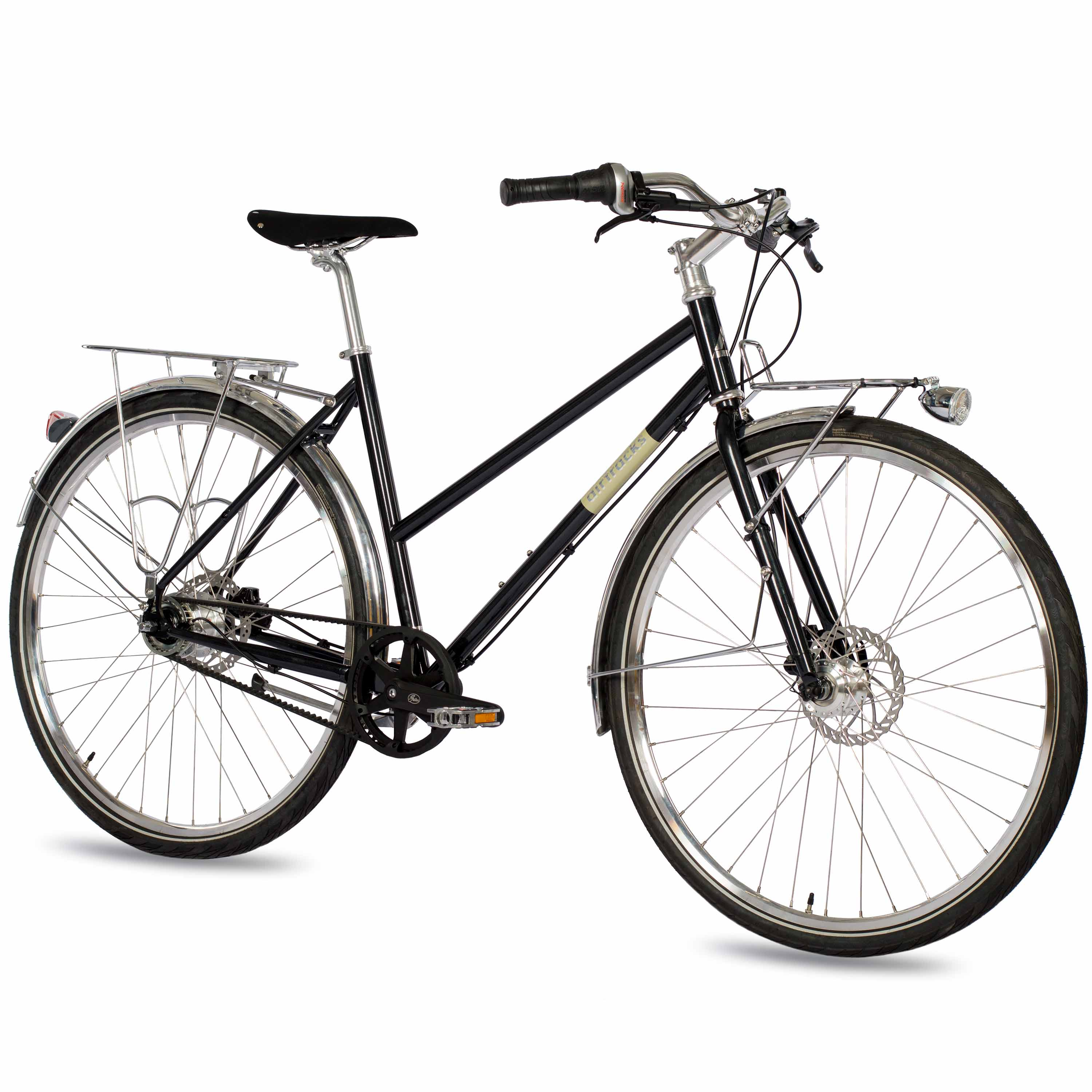 Ein schwarzes Fahrrad mit Gepäckträgern vorn und hinten, Scheibenbremsen und Riemenantrieb.