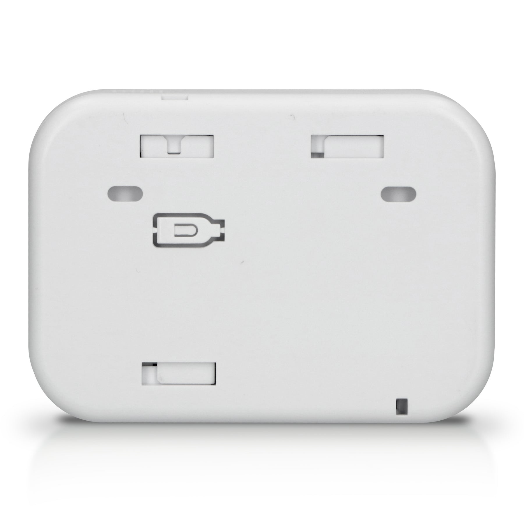 Biały, prostokątny tył urządzenia ze szczelinami i symbolem w kształcie litery U.