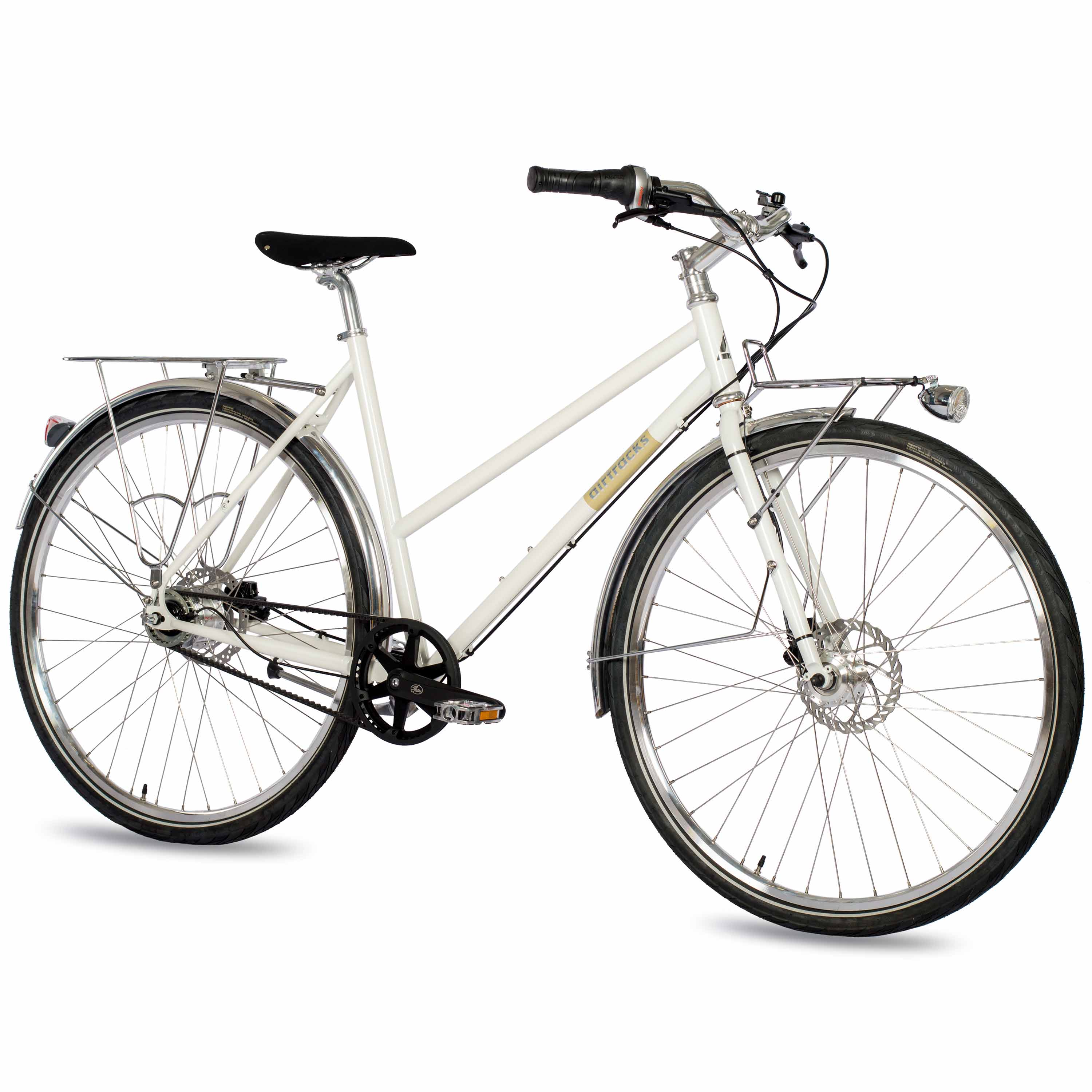 Ein weißes Fahrrad mit Gepäckträger vorne und hinten, Schutzblechen und Scheibenbremsen.