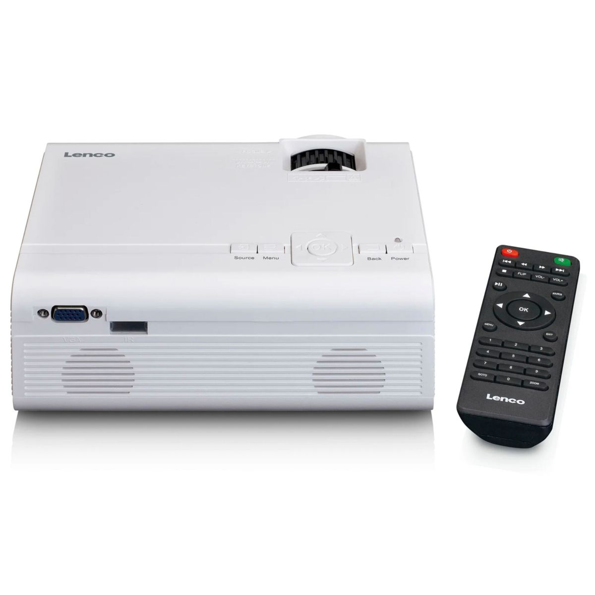 Biały projektor Lenco z pilotem na białym tle.