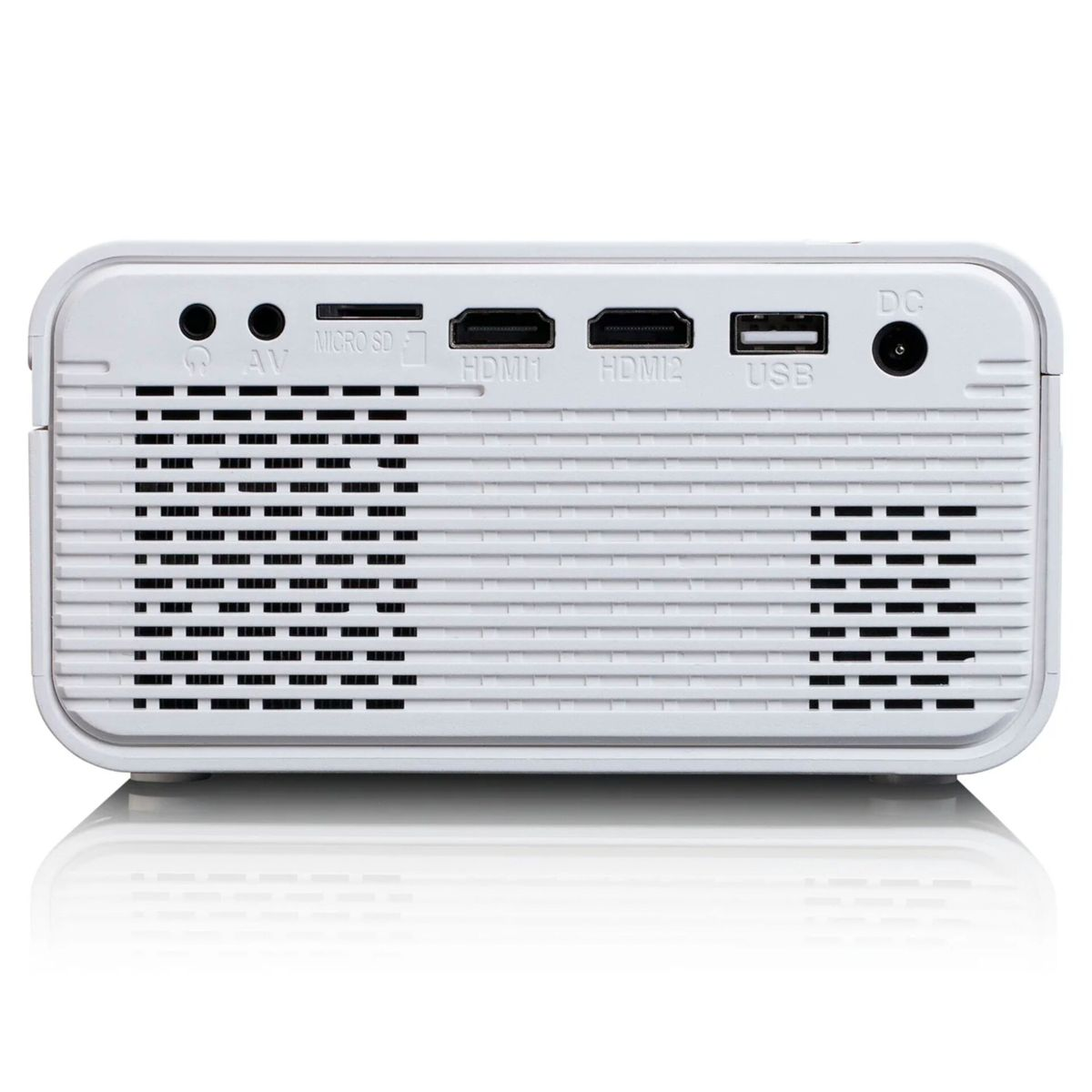 Tył białego projektora z portami: AV, Micro SD, 2x HDMI, USB, DC.
