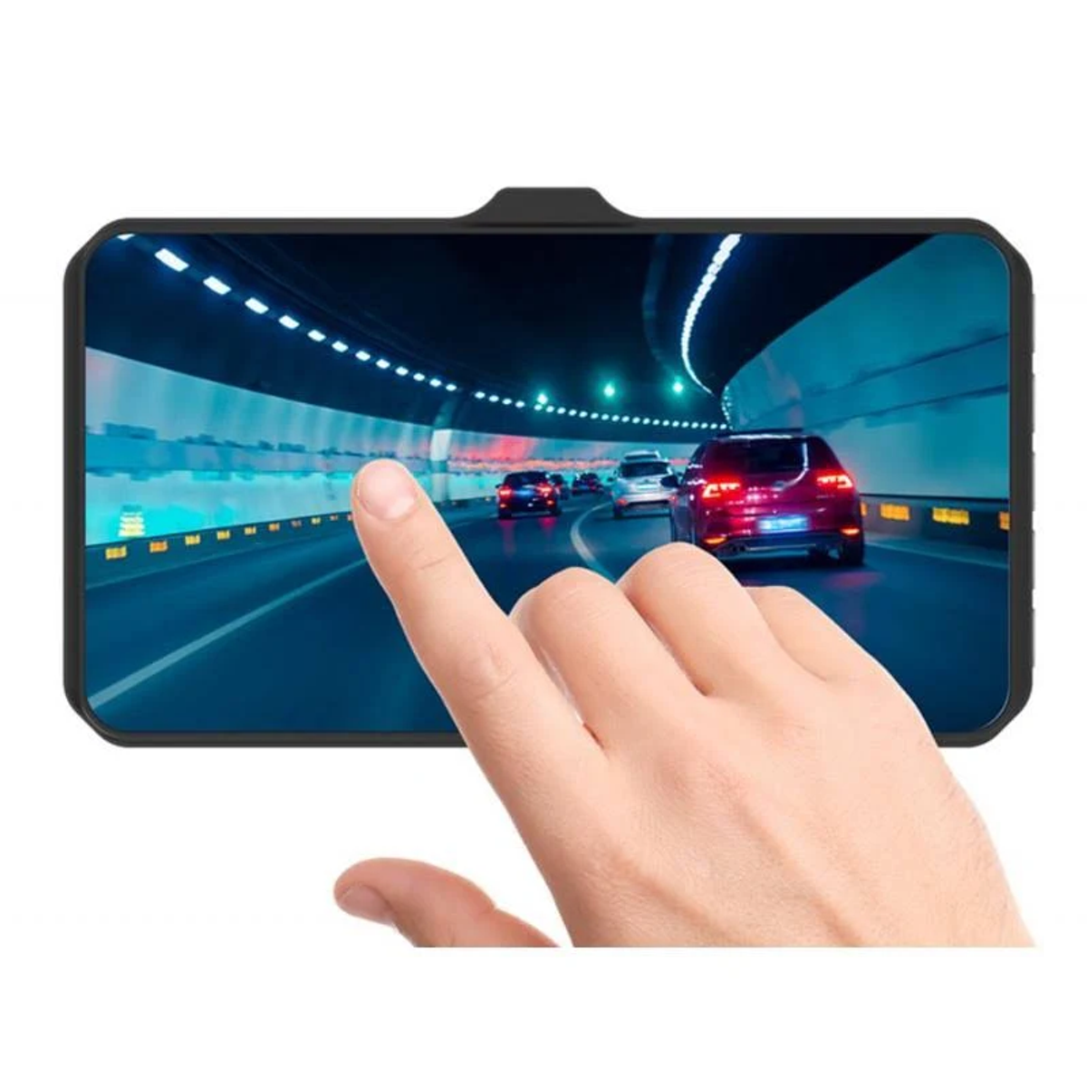 Samochody jadące przez oświetlony tunel. Dłoń dotyka ekranu.