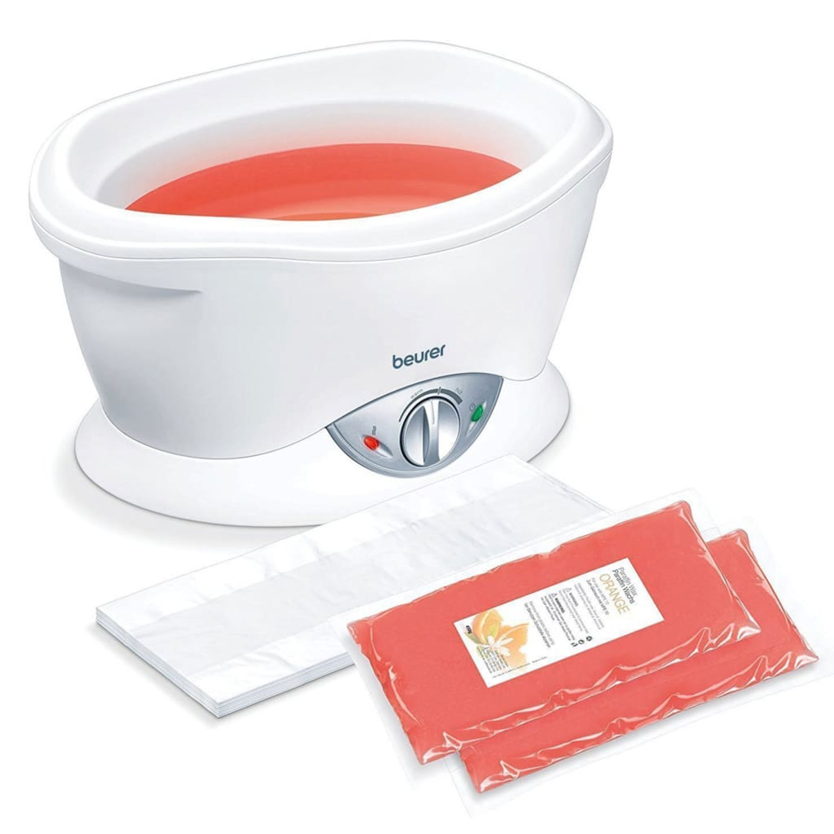 Ein weißer Wachswärmer mit orangefarbener Wachsfüllung und zwei Wachspackungen.