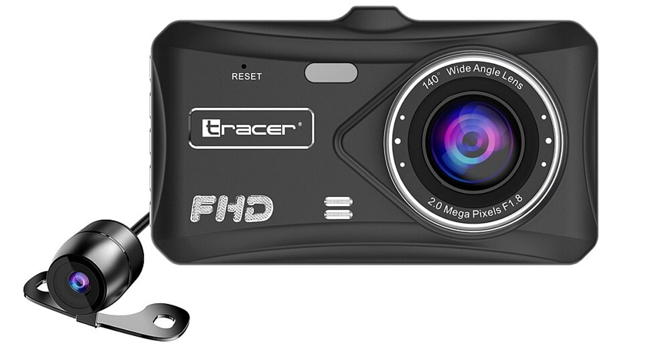 Czarna kamera samochodowa z zewnętrzną kamerą cofania i napisem "FHD".