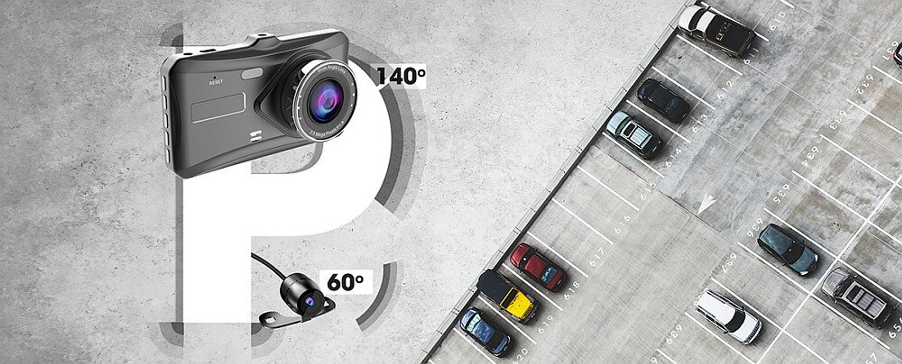 Kamera samochodowa 140° i kamera cofania 60° nad parkingiem z samochodami.