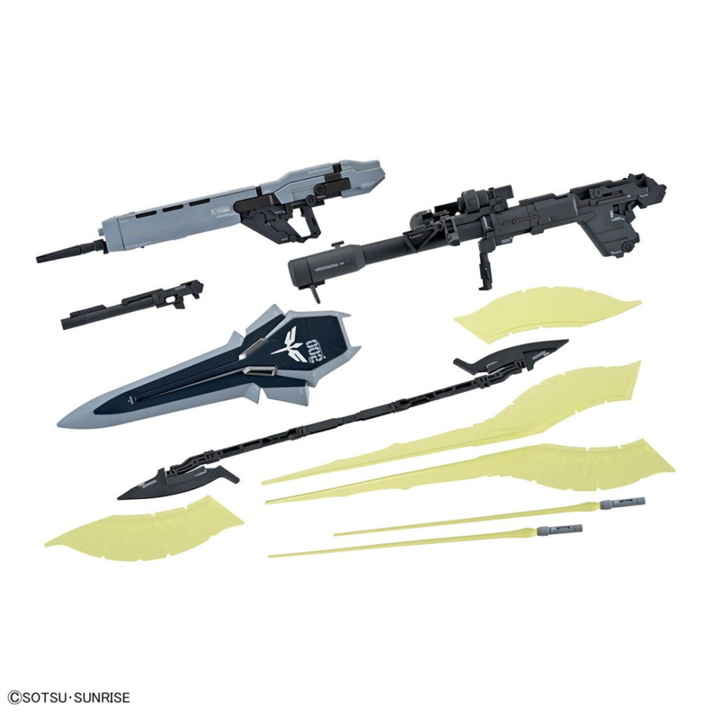 Kolekcja szarych i czarnych broni oraz żółtych części skrzydeł na białym tle.